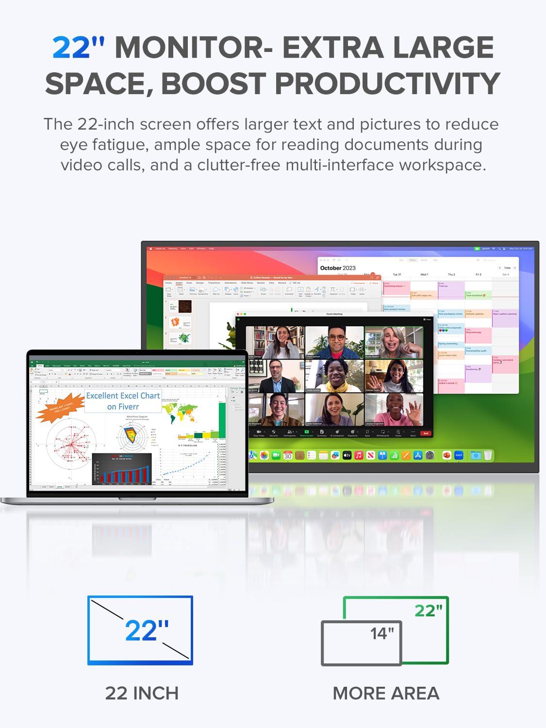 UPERFECT UPERFECT 22" QLED 2K Portable Monitor w/VESA & 180 Adjustable Stand, 25601440 QHD FreeSync IPS HDR Gaming Display, USB-C HDMI Travel Second Monitor for Laptop, Switch, Phone