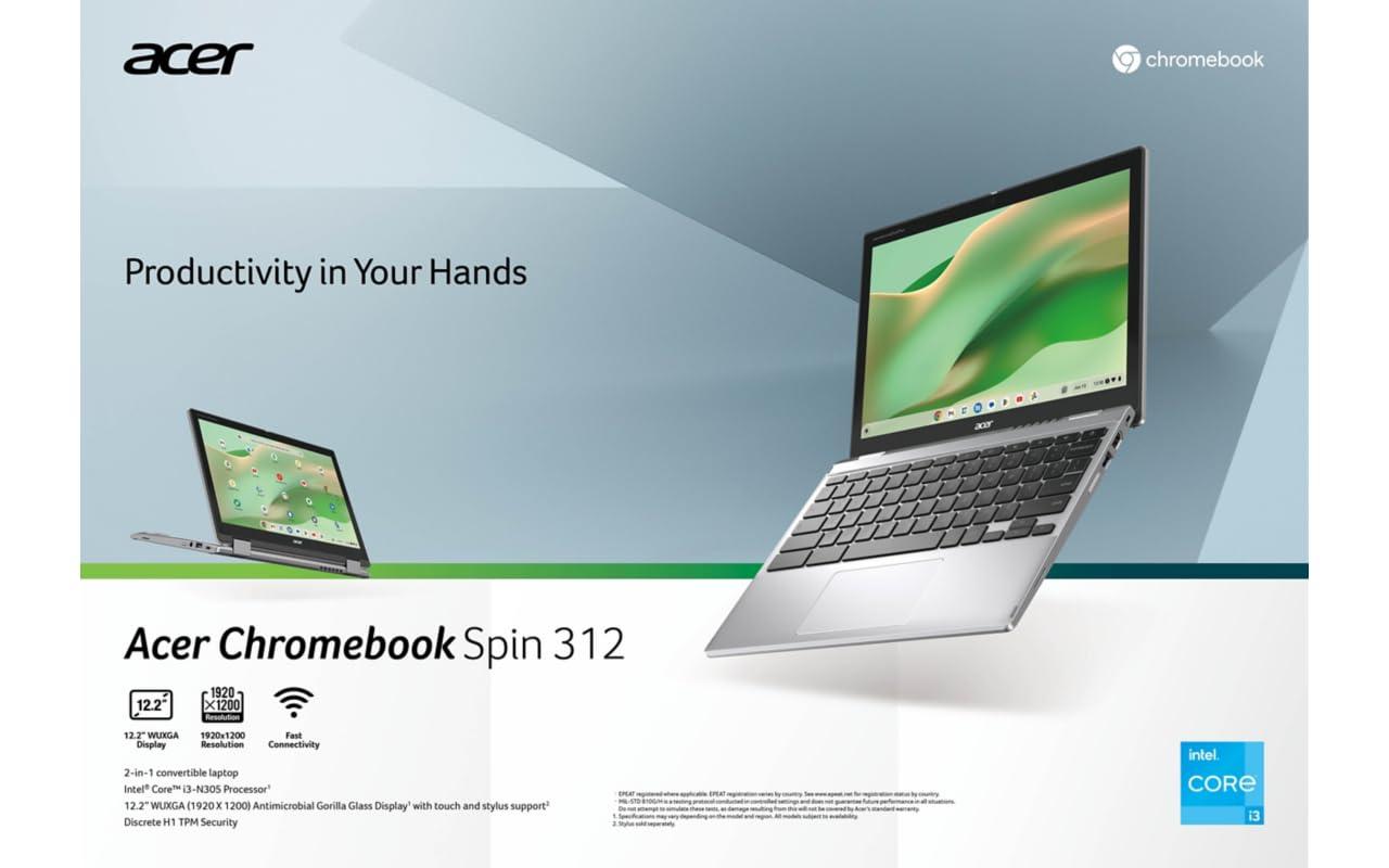 acer Acer Chromebook Spin 312 CP312-1HN-34Z7 Convertible Laptop | Intel Core i3-N305 | 12.2" WUXGA IPS Corning Gorilla Glass Touch Display | 8GB LPDDR5 | 128GB eMMC | Wi-Fi 6E | Full HD Webcam | Chrome OS