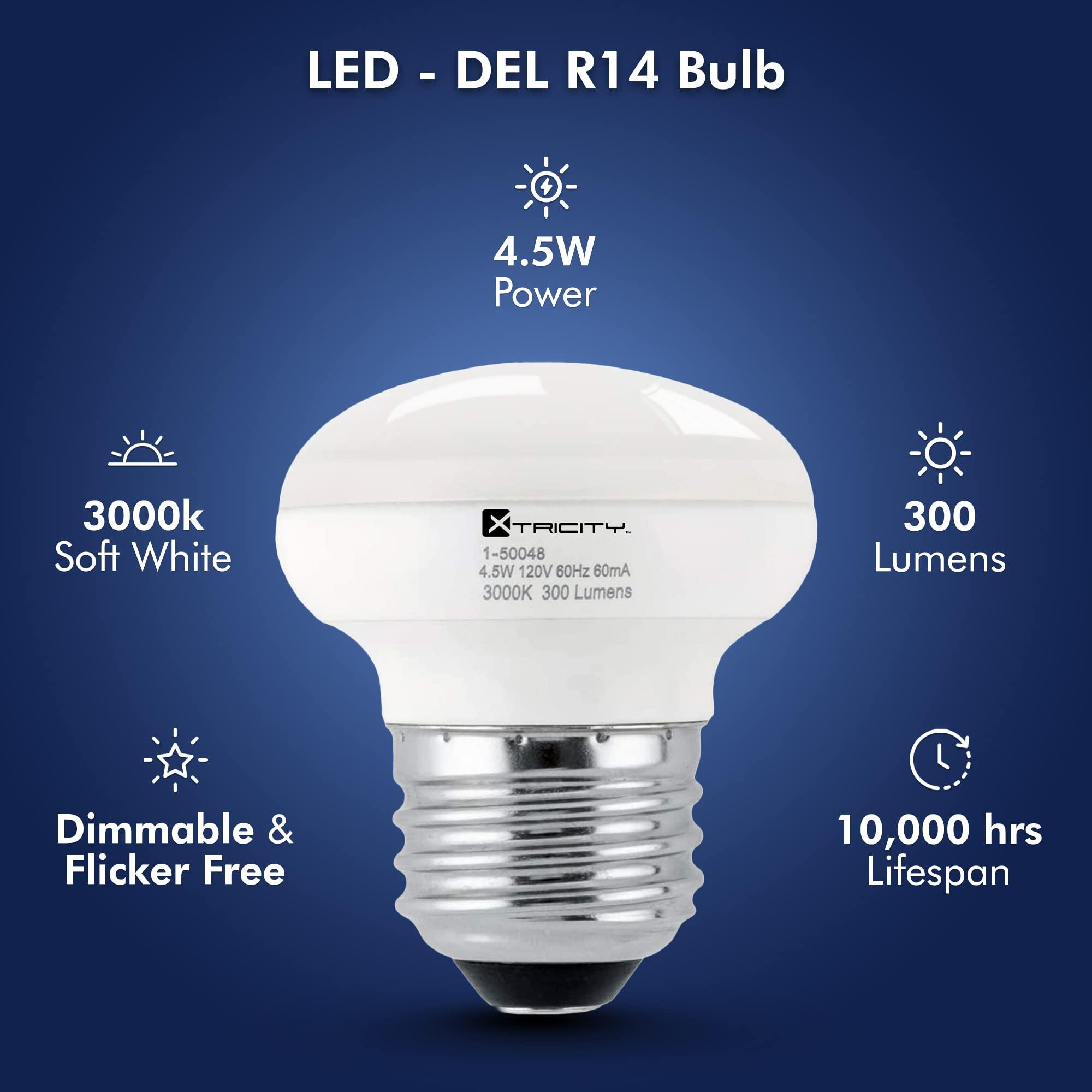 Xtricity Xtricity R14 Dimmable LED Light Bulbs, E26 Base, 4.5W (40 Watt Equivalent), 3000k Soft White, 300 Lumens Curio Cabinet Lighting, China Cabinet Lights - Mini Light Bulbs, RoHS Compliant (3 Pack)