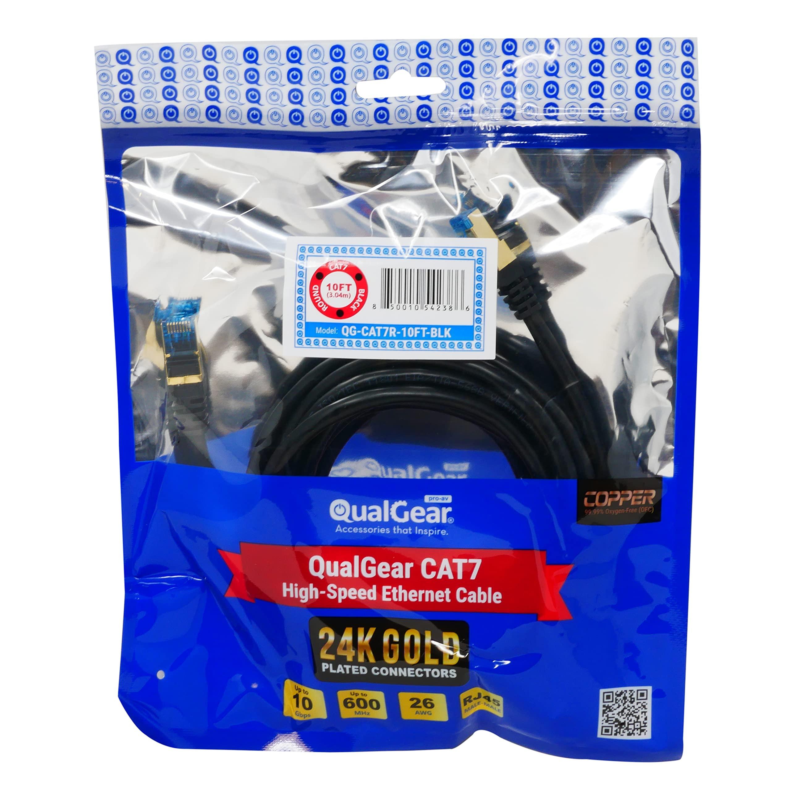 QualGear QualGear RJ45 Cat 7 Ethernet Patch Cable, 10Gpbs High-Speed Cable, 600MHz, Triple-Shielded, Round, 10 Feet, Black