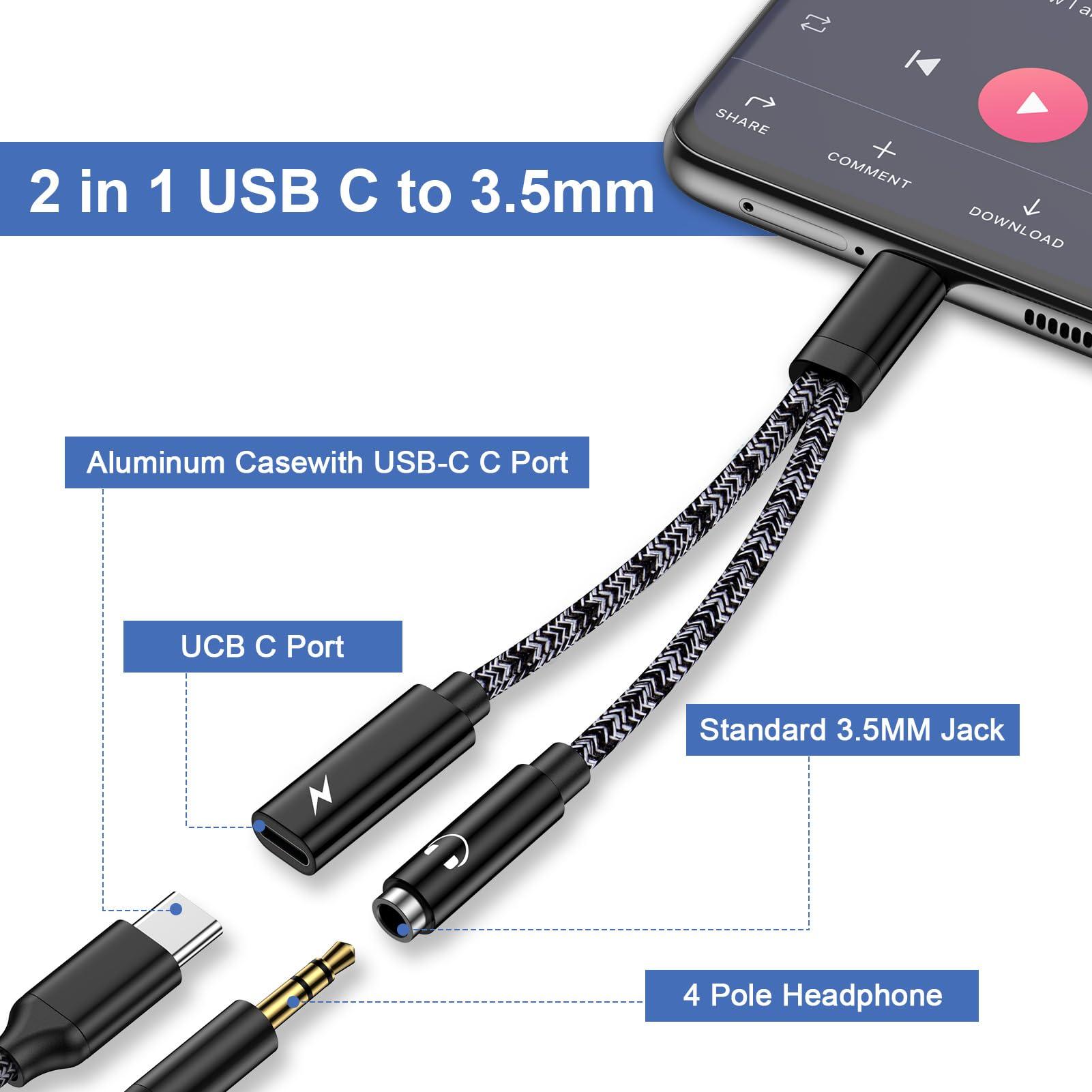 Flecom USB C to Aux Adapter Samsung S24FE/S24 Ultra Headphone Adapter Type C to 3.5mm Jack Audio Adapter with Fast Charging Cable Cord for Samsung Galaxy A16 A06 A55 A35 A15 S24 S23 Plus S23FE A54 A14 A13