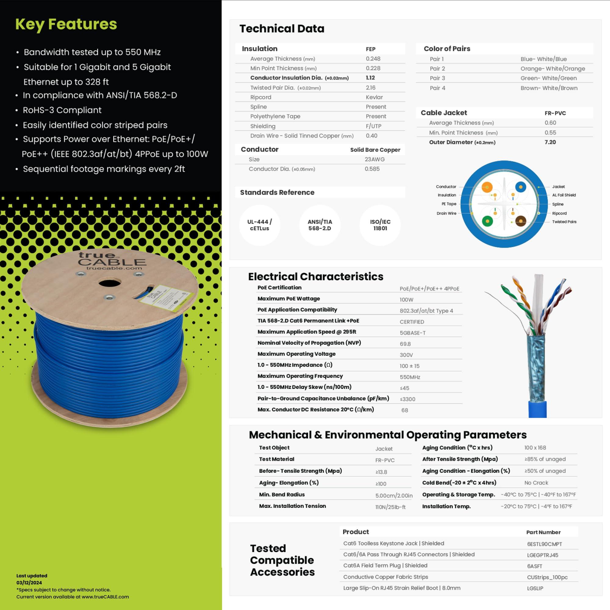 TRUE CABLE trueCABLE Cat6 Plenum Shielded (CMP), 1000ft, Purple, 23AWG Solid Bare Copper, 550MHz, PoE++ (4PPoE), ETL Listed, Overall Aluminum Foil Shield (F/UTP), Bulk Ethernet Cable