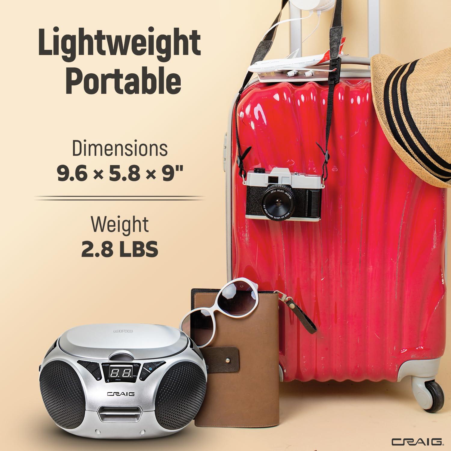 Craig Craig CD6925 Portable Top-Loading Stereo CD Boombox with AM/FM Stereo Radio Bluetooth Wireless and AUX Port (Silver, Bluetooth)