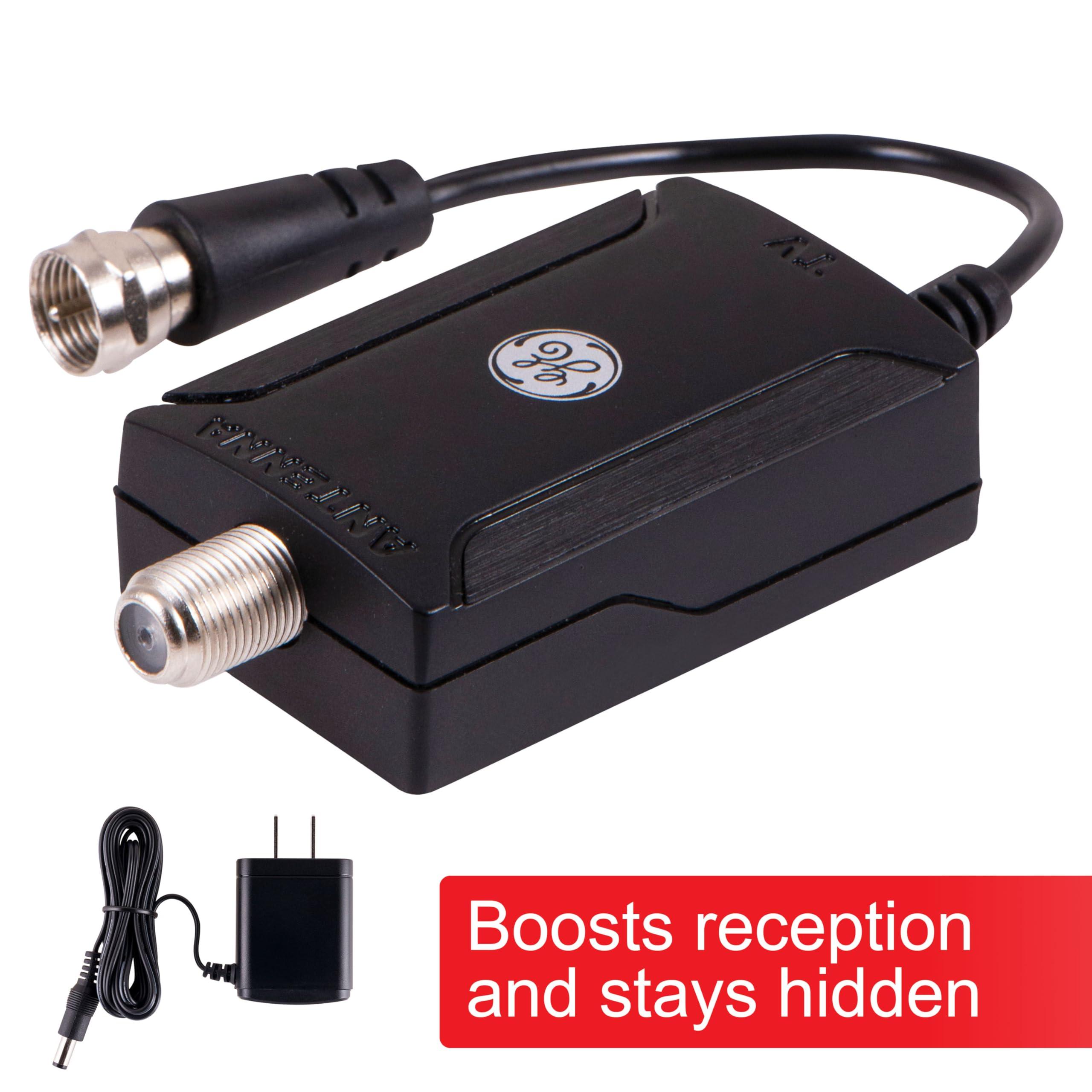 General Electric GE Indoor HD Digital TV Antenna Amplifier, Low Noise Antenna Signal Booster, Clears Up Pixelated Low-Strength Channels, Supports HD Smart TV VHF UHF, AC Adapter, Black, 42178