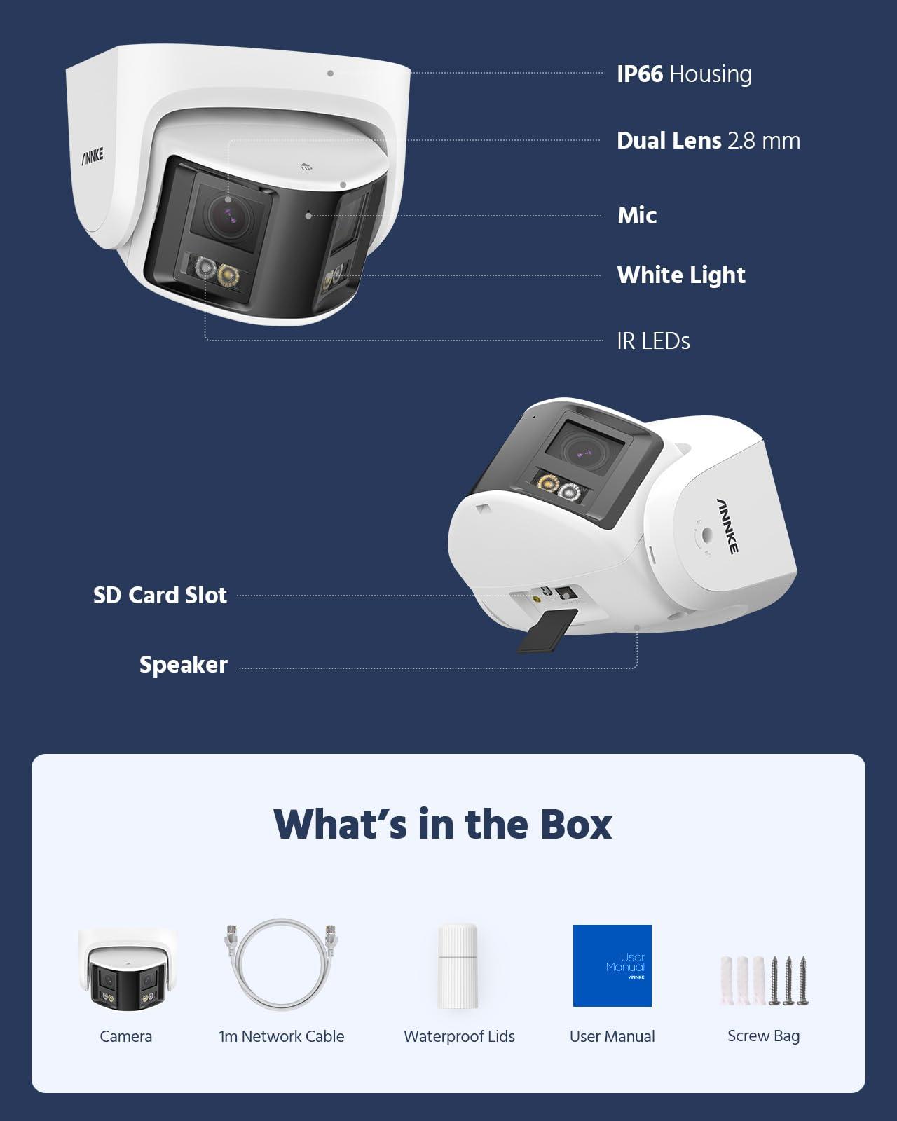 ANNKE ANNKE FCD800 PoE Security Camera Outdoor with Dual Lens 180 Filed of View, 8MP IP Surveillance Camera Support Color Night Vision, Person/Vehicle Detection, Two-Way Talk, Built-in SD Card Slot