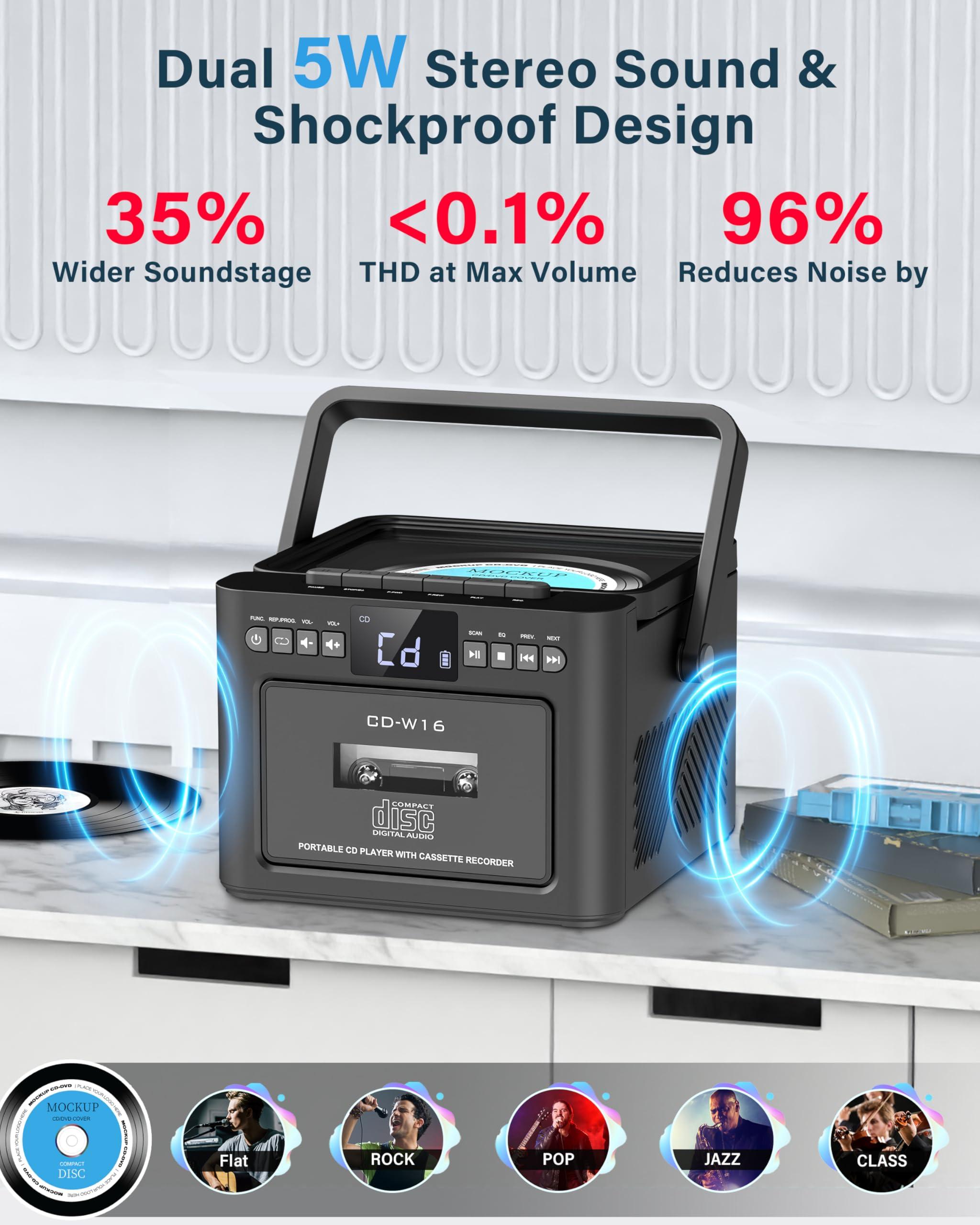 Greadio Greadio Boombox CD and Cassette Player Combo, 5000mAh Rechargable CD Player Boombox with Bluetooth Receive/Transmit/FM Radio/USB/TF/AUX/Remote Control, Boom Box CD Cassette Player for Home Outdoor