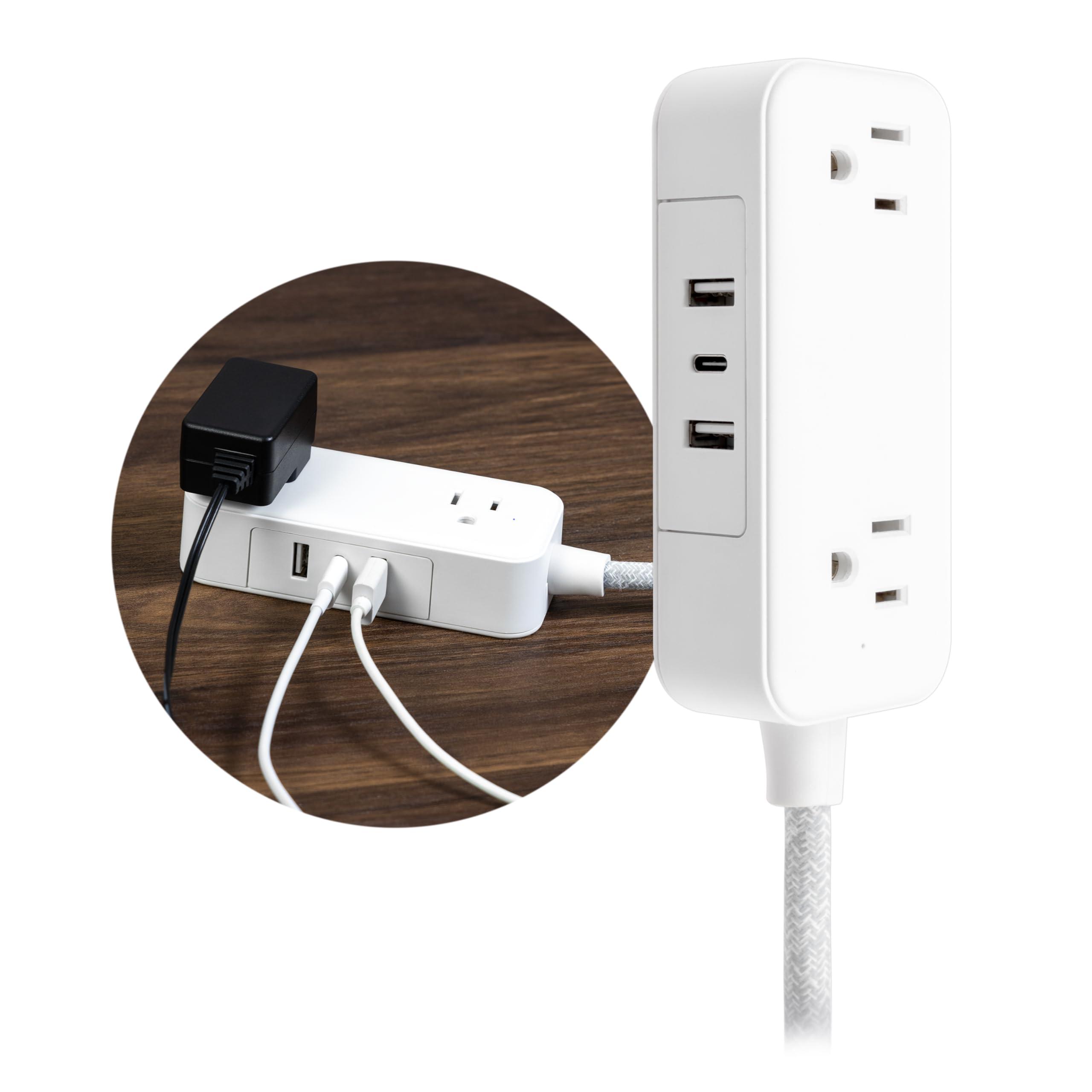 GE GE Flat Plug Power Strip Extension Cord with USB Ports, Travel Power Strip with 2 Outlets 3 USB Ports, Cruise Ship Essentials, 6 Ft Braided Small Extension Cord Flat Wall Plug, ETL Listed White, 81597
