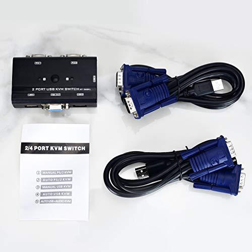 TCRAYCH VGA USB KVM Switch, 2 Port VGA KVM Switcher Selector with Cables for 2PC Sharing 1 Video Monitor and 3 USB Devices Keyboard Mouse Printer Scanner