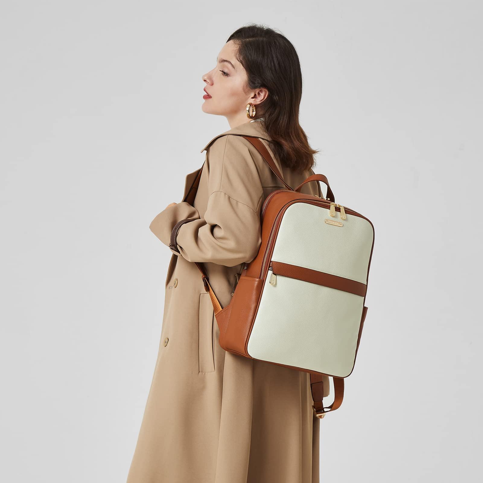 BOSTANTEN BOSTANTEN Genuine Leather 15.6 inch Laptop Backpack Purse for Women College Casual Backpack Travel Bag Daypack Beige-brown