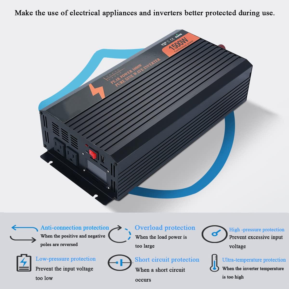 TOOJUN Car Power Inverter Pure Sine Wave DC 12V/24V/48V/60V to AC 120V/220V Transformer Convert with Wired Remote Control (Optional Socket),12V-120V