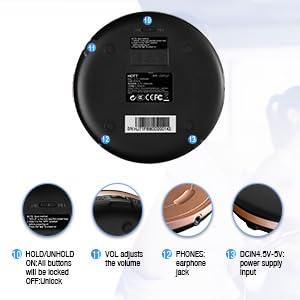 HOTT HOTT CD711T Bluetooth Rechargeable Portable CD Player for Home Travel and Car with Stereo Headphones and, Anti Shock Protection-Black