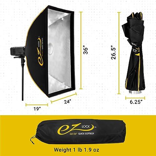 Glow Glow EZ Lock 24x36 Quick Strip Rectangular Bowens Mount Softbox Lighting Kit with External, Internal Diffusers, Deflector Disk and Eggcrate Grid, Folding Softbox for Photography Studio Lighting