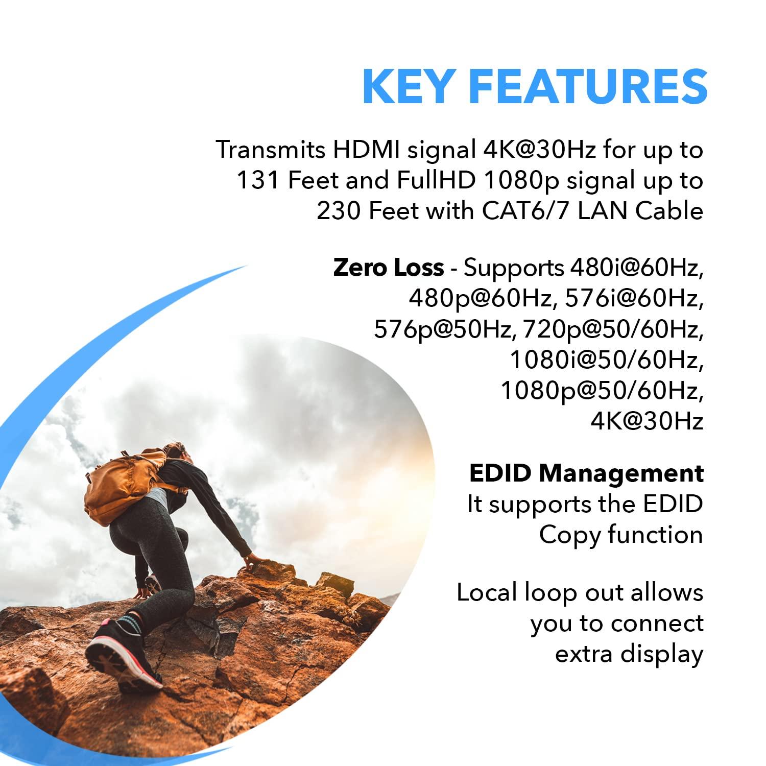OREI OREI 4K HDMI Over Ethernet CAT6/CAT7 Extender, Extender RJ45 4K@30Hz Upto 130 Ft 1080P Upto 230 FT Full HD POC Transmitter & Receiver IR Loop Out (EX-230C)
