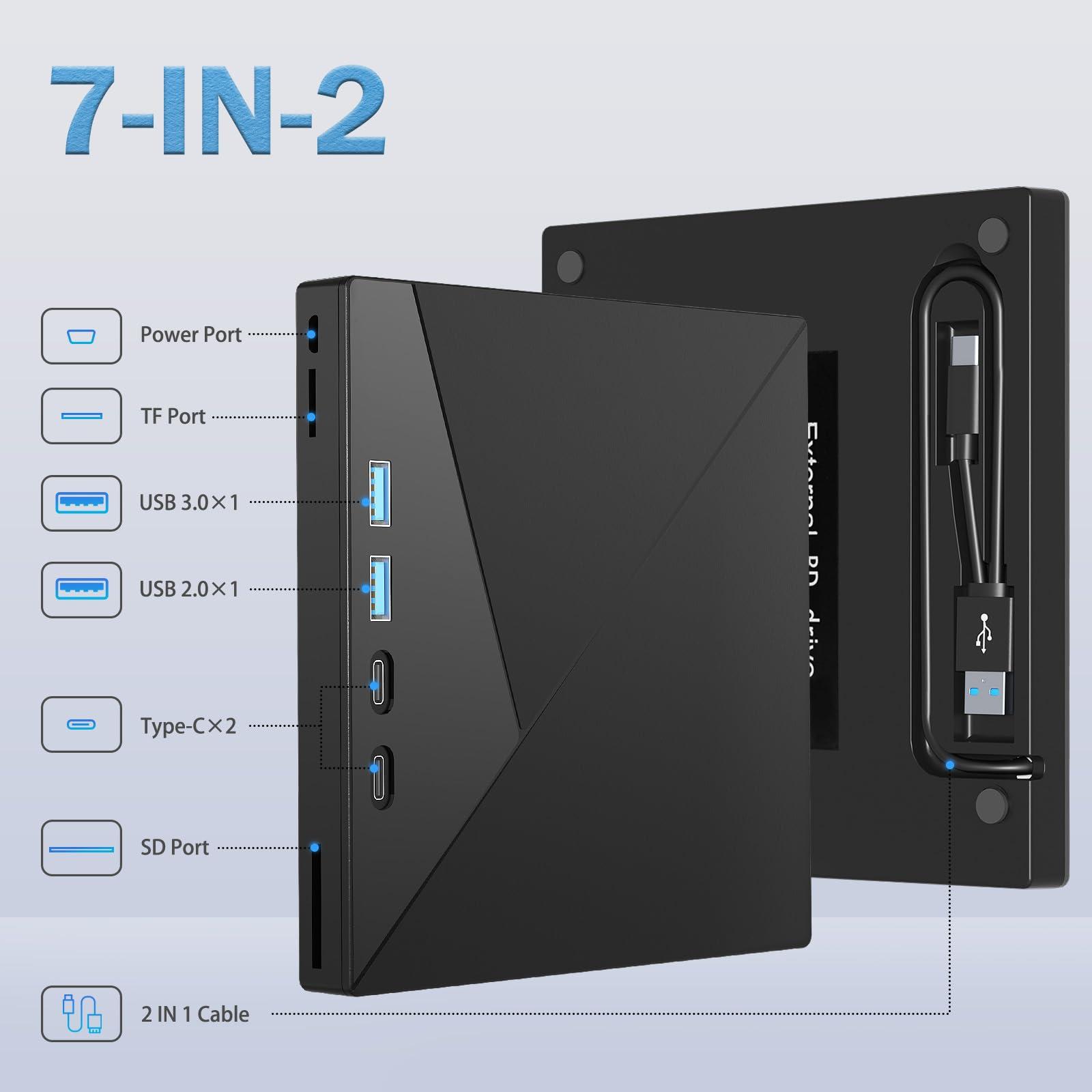 Wbacon 7 in 1 External Blu Ray Drive, 4k Blu Ray Burner with USB 3.0 Type-C Portable Blu Ray Drive, CD DVD Burner 3D BD Player with SD/TF Ports, 4k Optical Drive Compatible with Windows MacOS Laptop Desktop