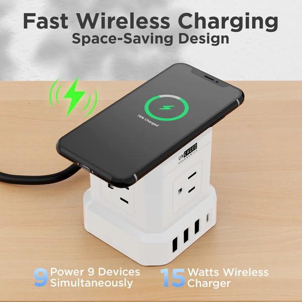 Uncaged Ergonomics Wireless Charger Cube Power Strip with USB Ports, Power Strips with Surge Protection, 10ft Extension Cord with Multiple Outlets, 4 AC Plugs, 3 USB, 1 USB-C Fast Charging, Mountable On/Off Switch