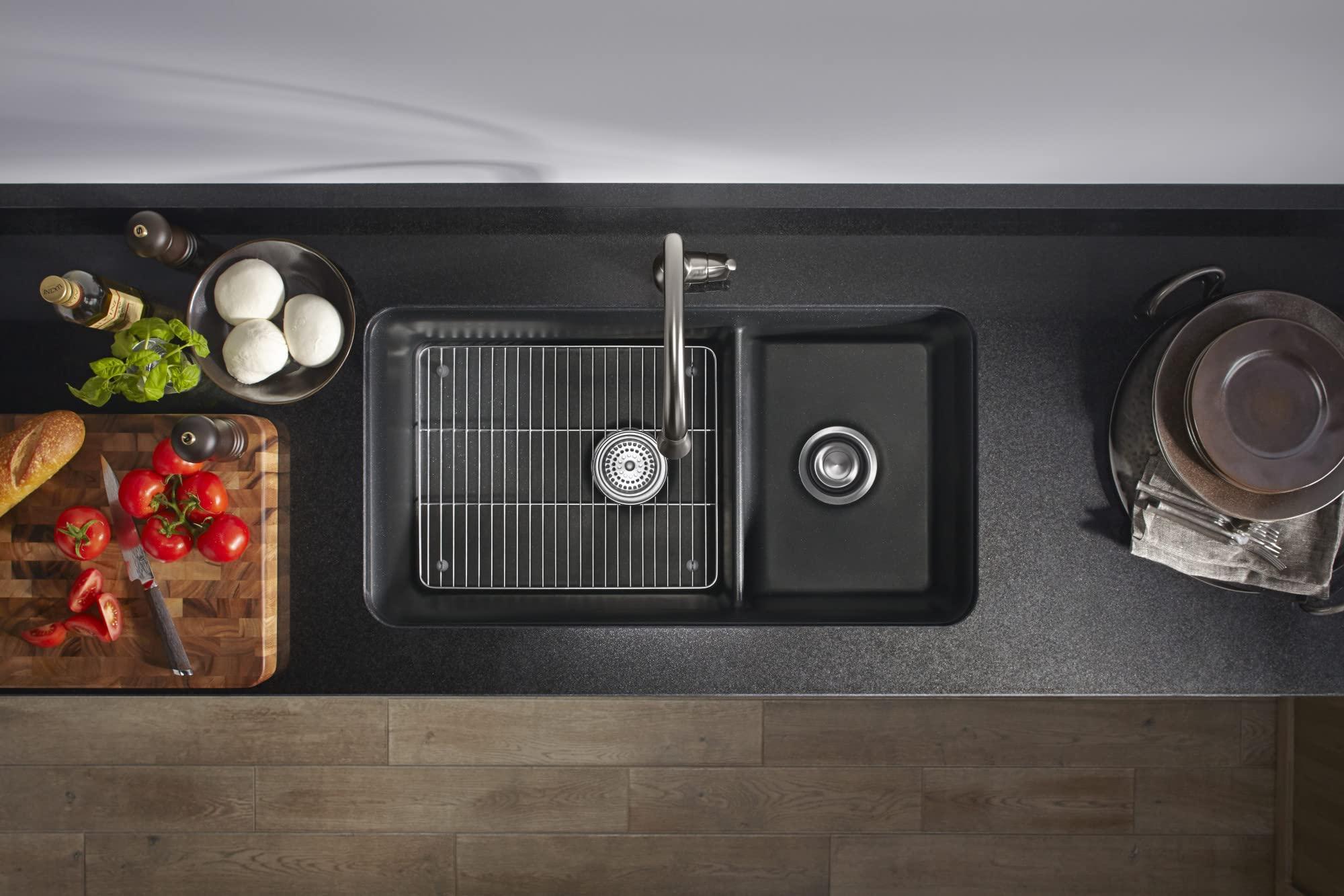 Kohler KOHLER K-8204-CM1 Cairn Sink, 33\" Neoroc Composite Undermount Double-Bowl Kitchen Sink, Composite Kitchen Sink with Sink Rack, Matte Black