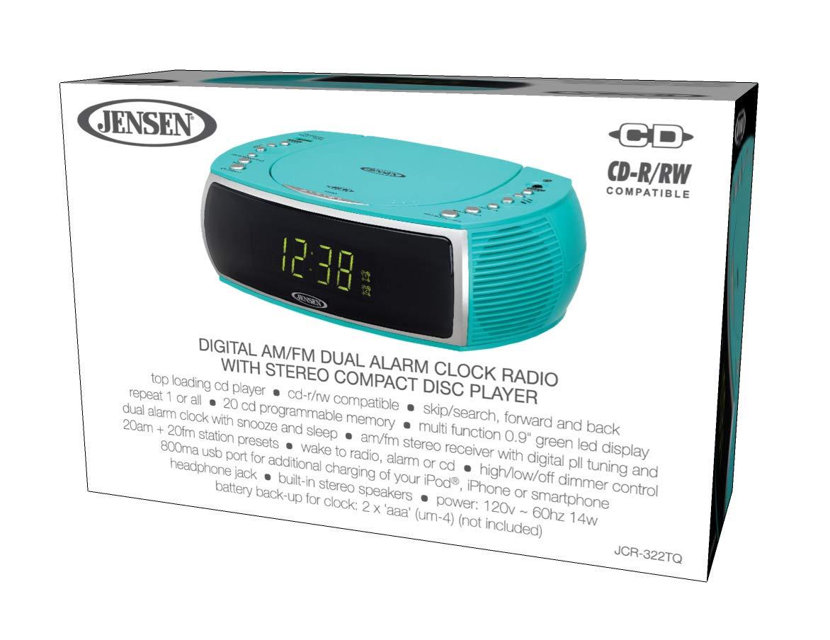 Jensen Jensen Teal Modern Home Audio CD Player Tabletop Stereo Dual Alarm Clock Digital FM Radio | Top-Loading CD/MP3/WMA Player | USB Charging Port 2.1A | Headphone Jack | 0.9 Display Green LED (Renewed)