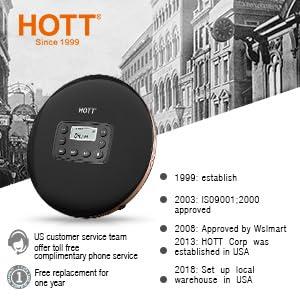 HOTT HOTT CD711T Bluetooth Rechargeable Portable CD Player for Home Travel and Car with Stereo Headphones and, Anti Shock Protection-Black