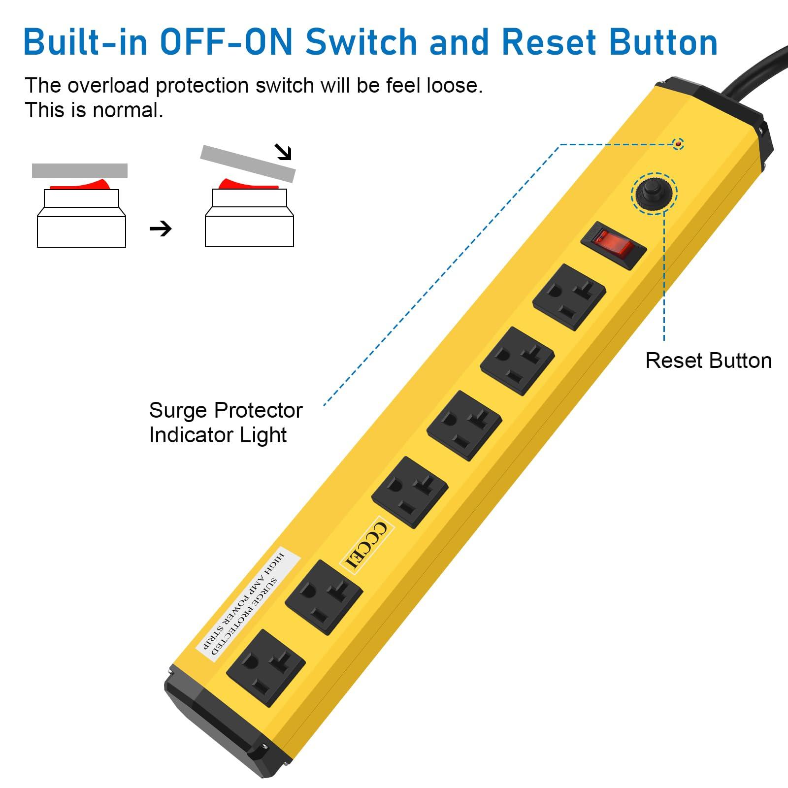 CCCEI CCCEI Heavy Duty Power Strip Surge Protector 20 Amp, High Amp Industrial Shop Garage Metal Multiple Outlets, 4 FT 12 Gauge 5-15P Extension Cord 6 Outlet 6-20R T-Slot 20a for Appliance, Yellow.