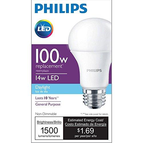 PHILIPS Philips LED Non-Dimmable A19 Frosted Light Bulb: 1500-Lumen, 5000-Kelvin, 14-Watt (100-Watt Equivalent), E26 Medium Screw Base, Daylight, 4-Pack, 455717