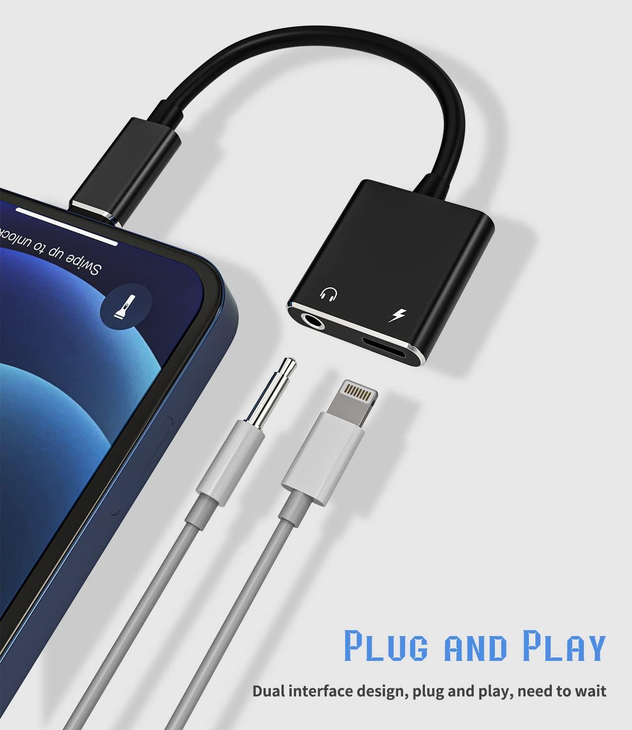 Aksenli Iphone AUX Adapter(2 in 1)Lightning to 3.5mm Headphone Splitter Charger Audio Jack Cable Dongle Adaptador Para Music Earbud Cord Earphone Charger for Apple MFI Certified 7 8Plus X Xr 12 11 13 Pro Ipad
