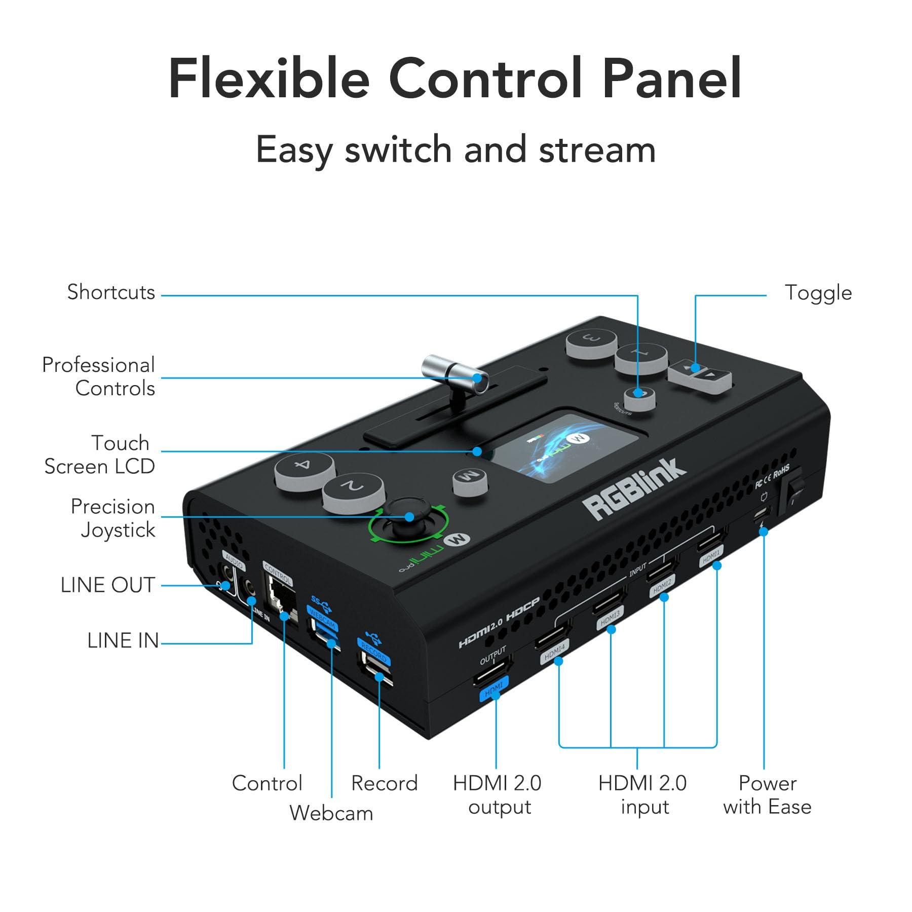 RGBlink RGBlink Mini-pro Multi Camera Video Mixer Switcher with On-Board Monitor 4K HDMI Live Streaming Switcher Chroma Key Logo Overlay USB3.0 Output for Church, Webinars, Weddings, Social Events