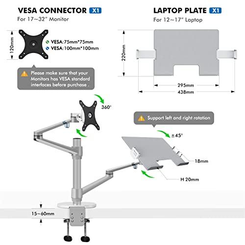 Viozon Viozon Monitor and Laptop Mount, 2-in-1 Adjustable Dual Arm Desk Mounts Single Desk Arm Stand/Holder for 17 to 32 Inch LCD Computer Screens, Extra Tray Fits 12 to 17 inch Laptops (Silver)