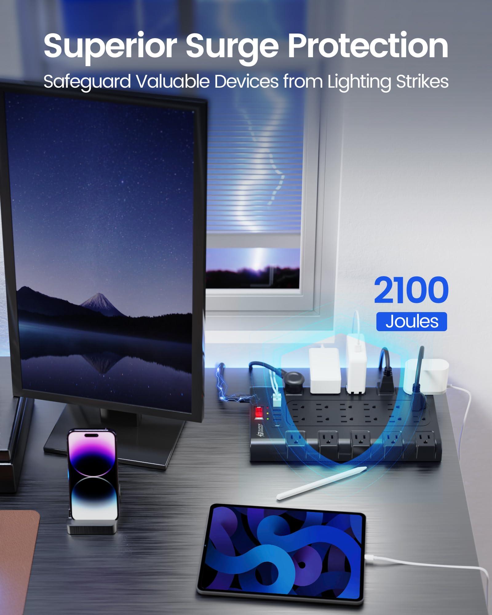 SUPERDANNY Power Strip, SUPERDANNY Surge Protector with 22 AC Outlets and 6 USB, 20W Fast Charging Station Travel Power Strip with 5ft Retractable Extension Cord Portable 3-AC & 3-USB, 5ft Power Strip