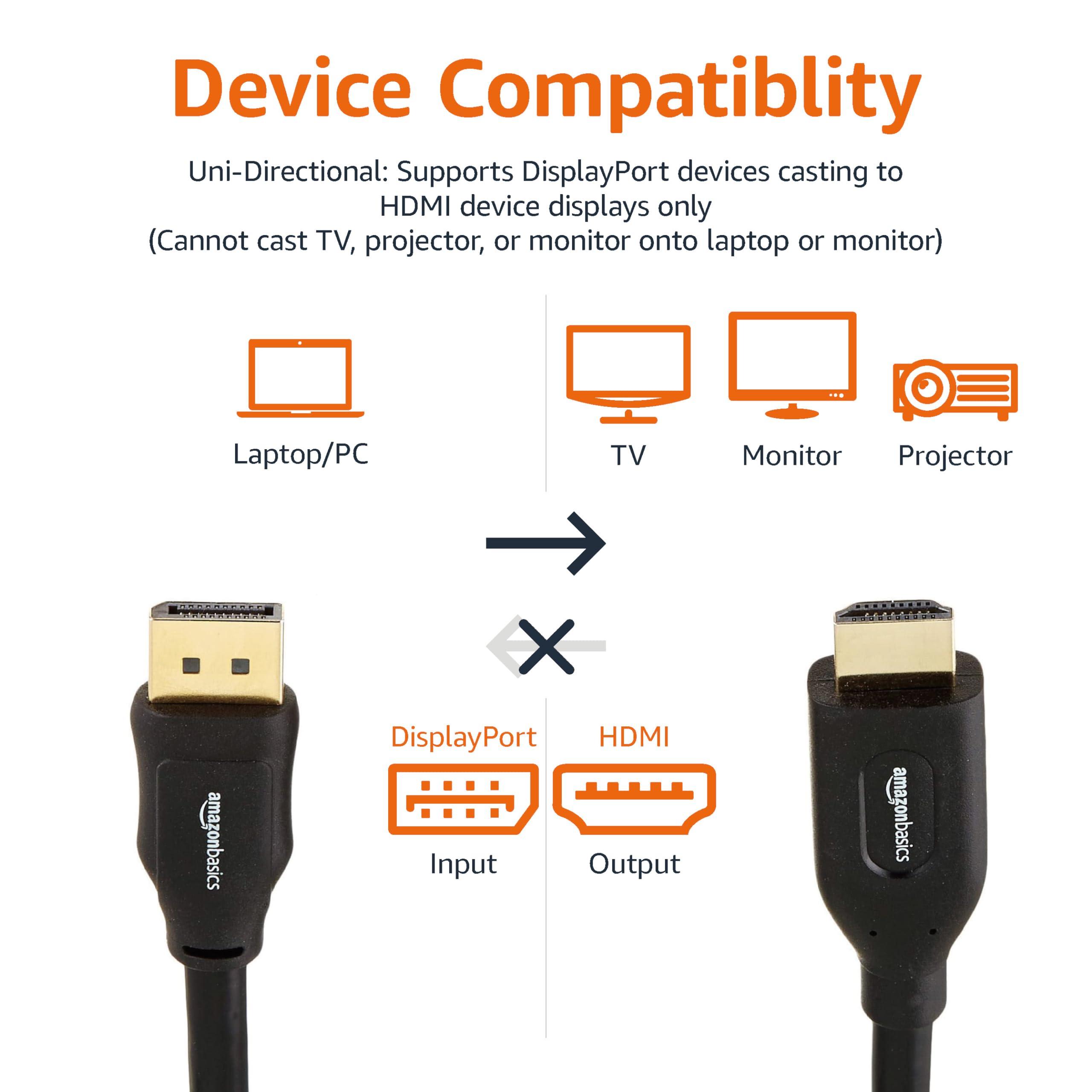 Amazon Basics Amazon Basics DisplayPort to HDMI Cable, Uni-Directional, 4K@30Hz, 1920x1200, 1080p, 6 ft, Black