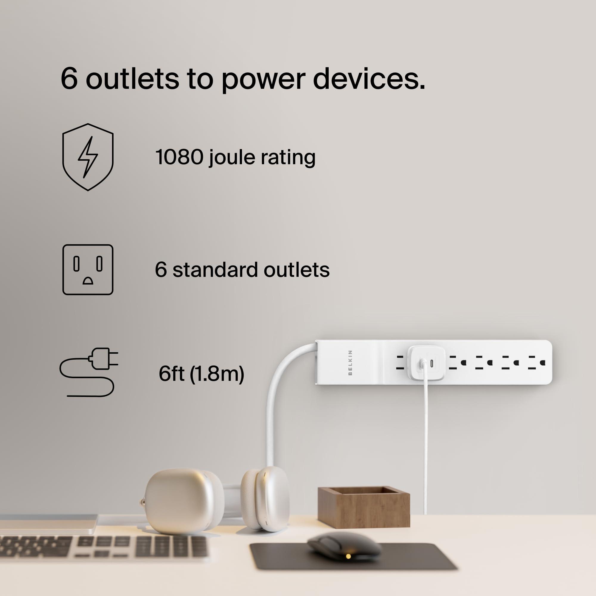 Belkin Belkin 6-Outlet Surge Protector Power Strip, 6ft Cord, 360 Rotating Plug - 1080 Joules Protection