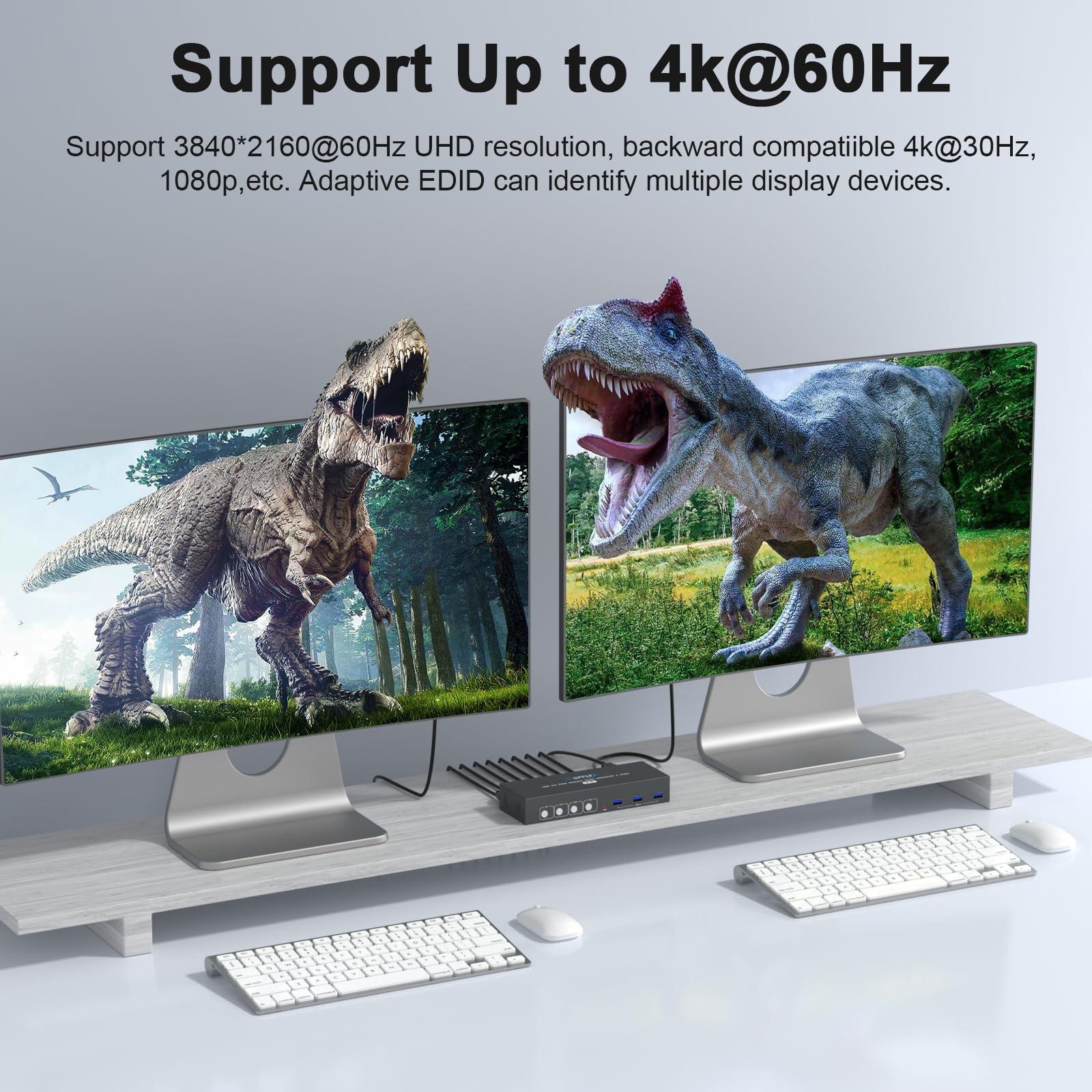 BDFFLY USB3.0 Switch HDMI Kvm Switch 4 Computers 2 Monitors with 3 USB Ports, 4K@60Hz for 4 Computers Sharing 2 Monitors and Keyboard Mouse, Supports Button Control, EDID Compatible