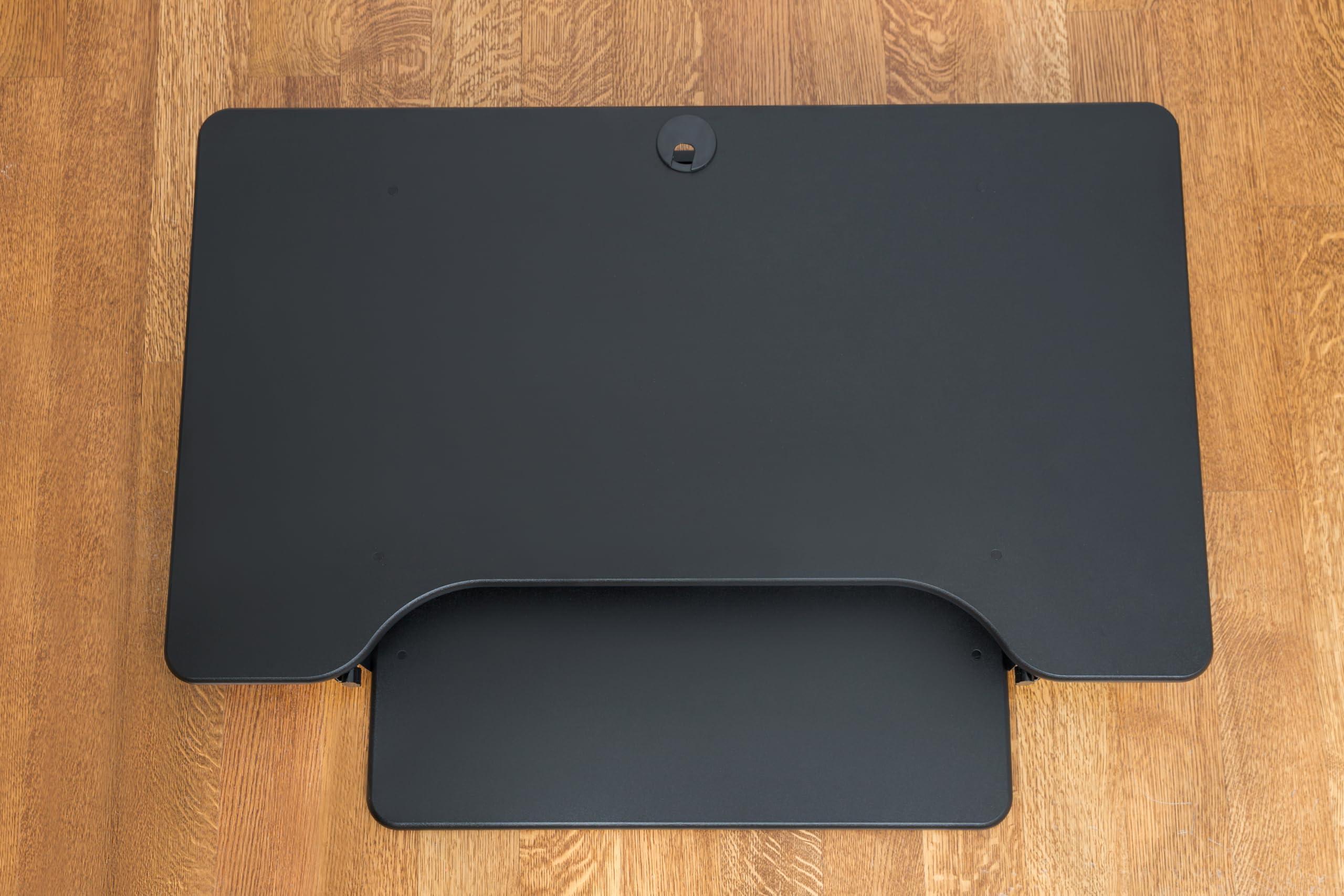 Rocelco Rocelco 40" Height Adjustable Standing Desk Converter with AC Outlet USB Charger and Dual Monitor Arm Mount - Sit Stand Up Tabletop Riser - Sliding Keyboard Tray - Black (R DADRB-40-ACUSB-MA2)