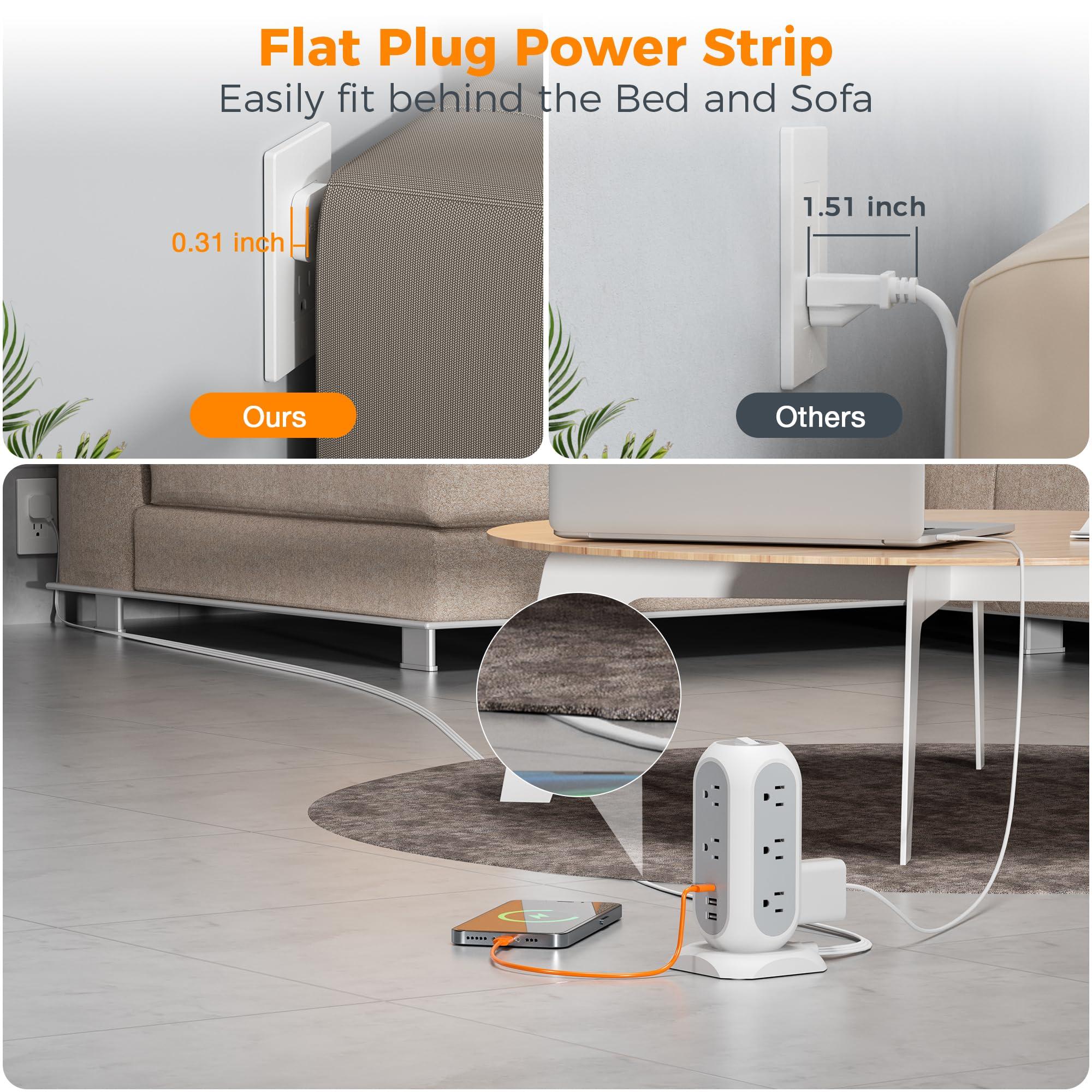 TESSAN 15 ft Extension Cord Tower Power Strip, 11 Outlets 3 USB(1 USB-C) Chargers, TESSAN Surge Protector with Multi Plug Outlet, 1050J Protection, Office Supplies, Desk Accessories, School Dorm Essential