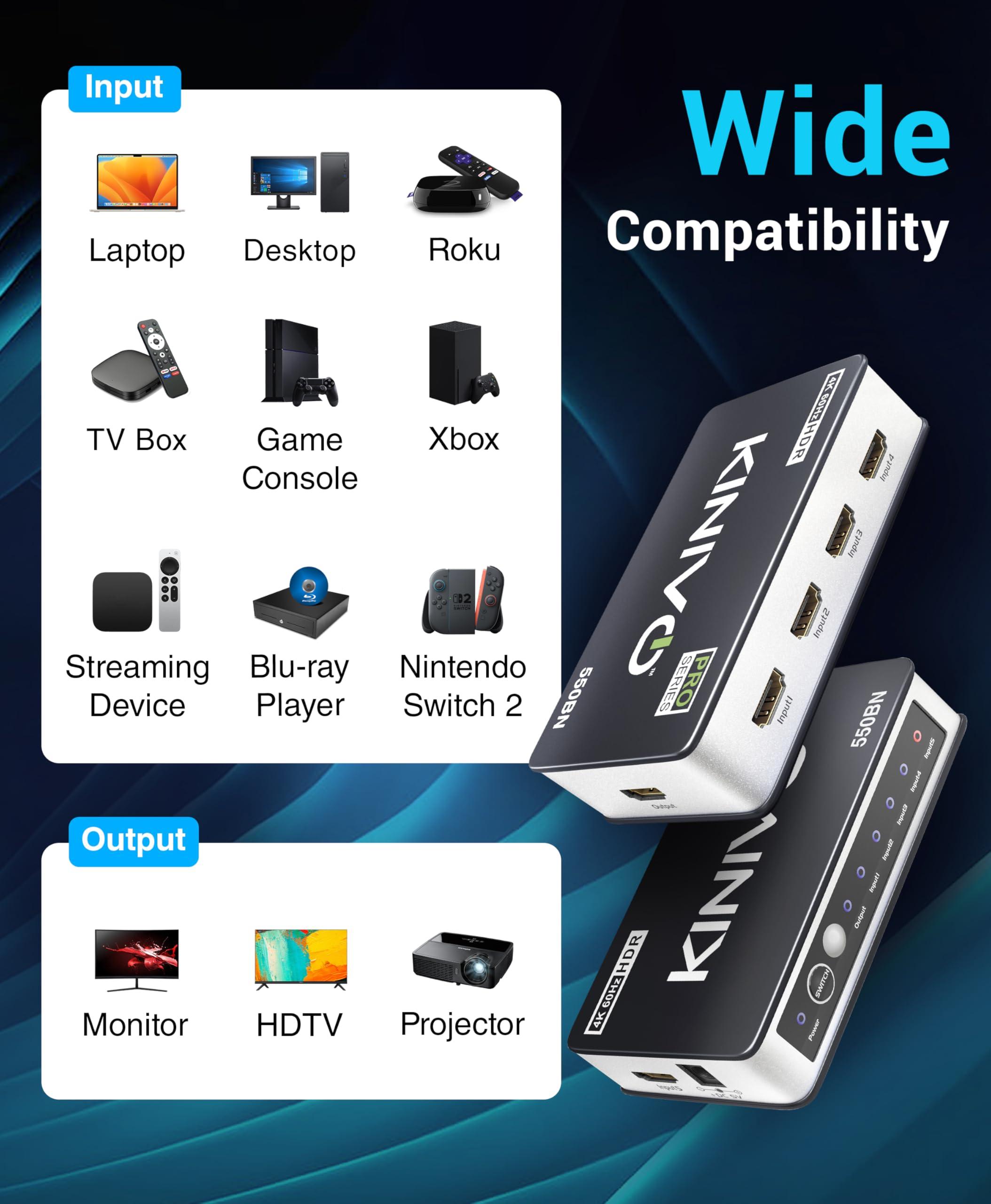 Kinivo Kinivo HDMI Switch 4K HDR 550BN (5 in 1 Out, 4K 60Hz HDR, HDMI 2.0, High Speed 18Gbps, IR Remote, HDCP) - Compatible with Roku, PS5, Xbox, Apple TV, Nintendo Switch, Cable Box