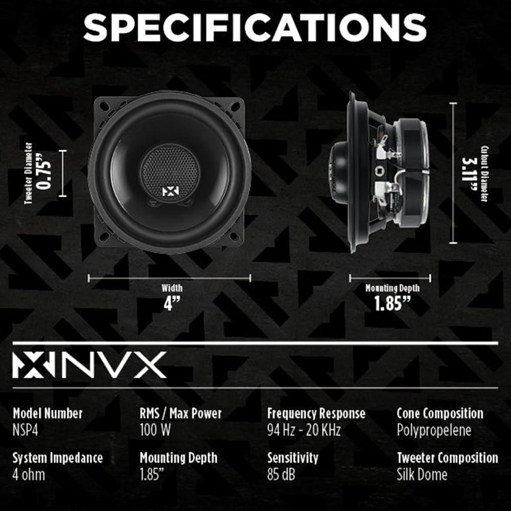 NVX NVX NSP4 4\" Car Speakers, 300W Max, 100W RMS, 2-Way Coaxial w/Silk Dome Tweeters & Built-in X-Overs, Easy to Install in Cars/Trucks/Doors (Pair)