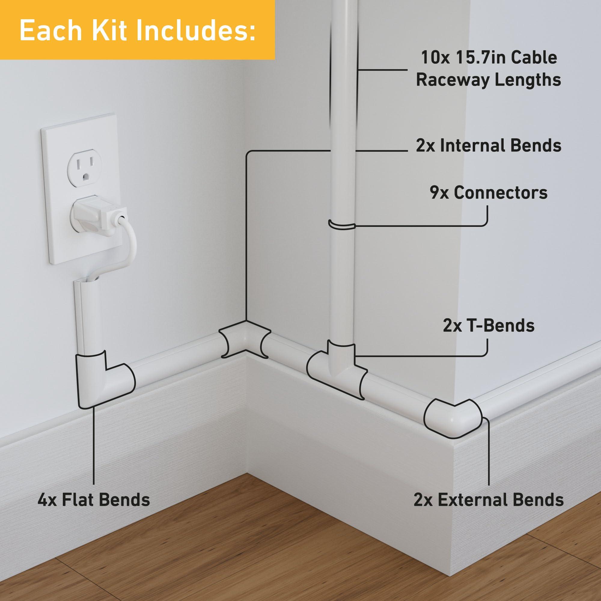 D Line D-Line 157in Cord Cover Kit, Self-Adhesive Wire Hiders, Paintable Cable Raceway to Hide Wires on Wall, Electrical Cable Management - 10x 15.7 Lengths & 19 Accessories - 1.18\" (W) x 0.59\" (H) - White