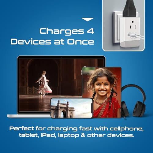 Ceptics Ceptics US to India Plug Adapter, Type D Plug Adapter QC 3.0 & PD, Safe Dual USB & USB-C 18W, India Plug Adapter Fast Charging - Powerful 2 USA Sockets - Use in Pakistan Nepal Sri Lanka - AP-10