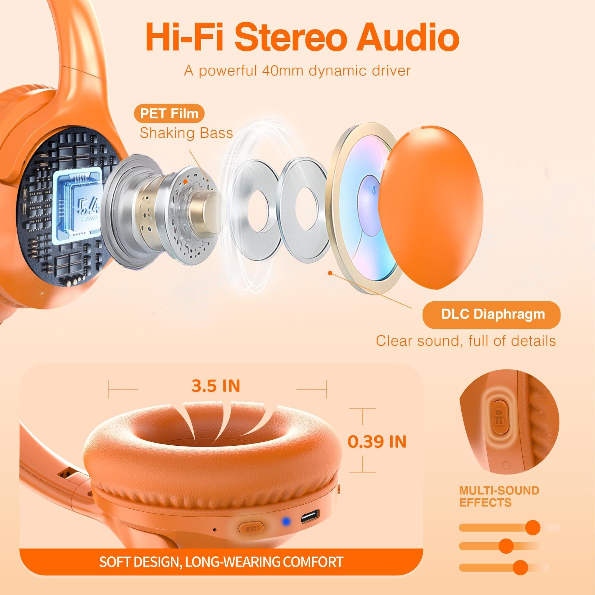 MIDOLA MIDOLA Bluetooth Headphones Over Ear 68H Playtime 6 EQ Wireless Headset with Microphone HiFi Stereo Foldable Lightweight Deep Bass for Travel Home Office Cellphone Orange