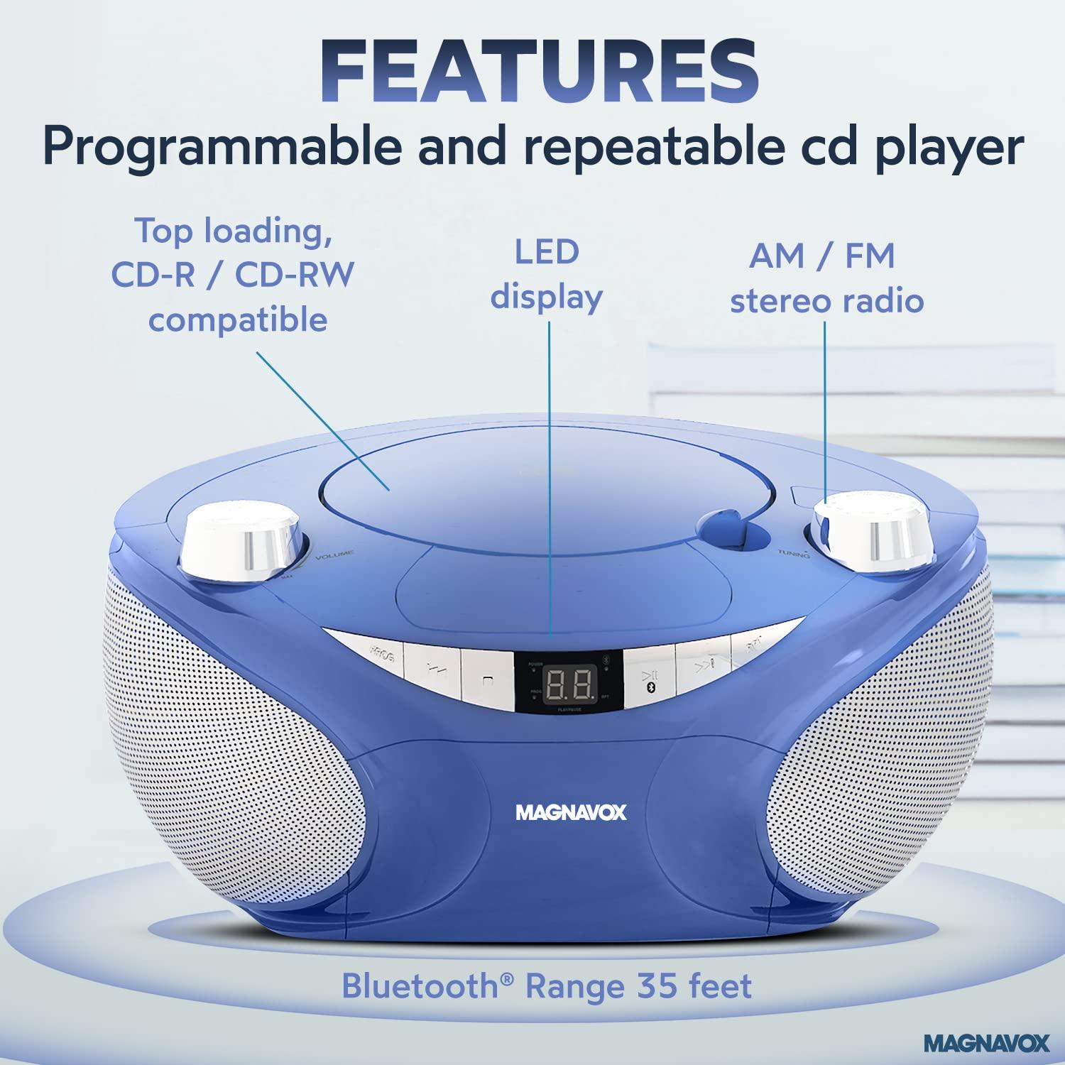 Magnavox Magnavox MD6949 Portable Top Loading CD Boombox with AM/FM Stereo Radio and Bluetooth Wireless Technology in Black | CD-R/CD-RW Compatible | LED Display | (Blue)