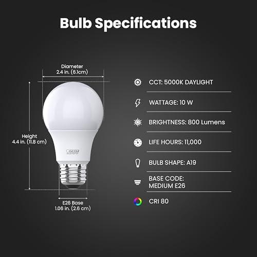 Feit Electric Feit Electric A19 LED Light Bulbs, 60W Equivalent, Non Dimmable, 800 Lumens, E26 Standard Base, 5000k Daylight, 80 CRI, 10 Year Lifetime, Energy Efficient, 4 Pack, A800/850/10KLED/4