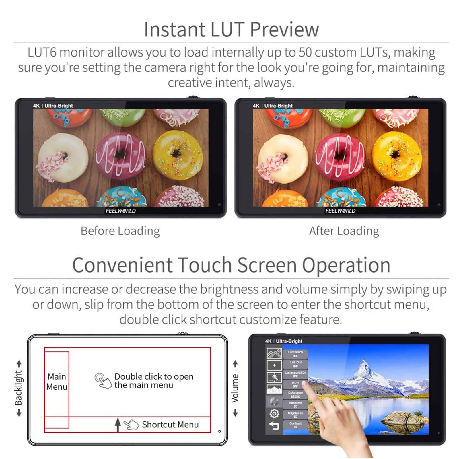 FEELWORLD FEELWORLD LUT6 6 Inch Ultra Bright 2600nits HDR/3D LUT Touch Screen DSLR Camera Field Monitor with Waveform VectorScope Histogram 4K HDMI Input Output