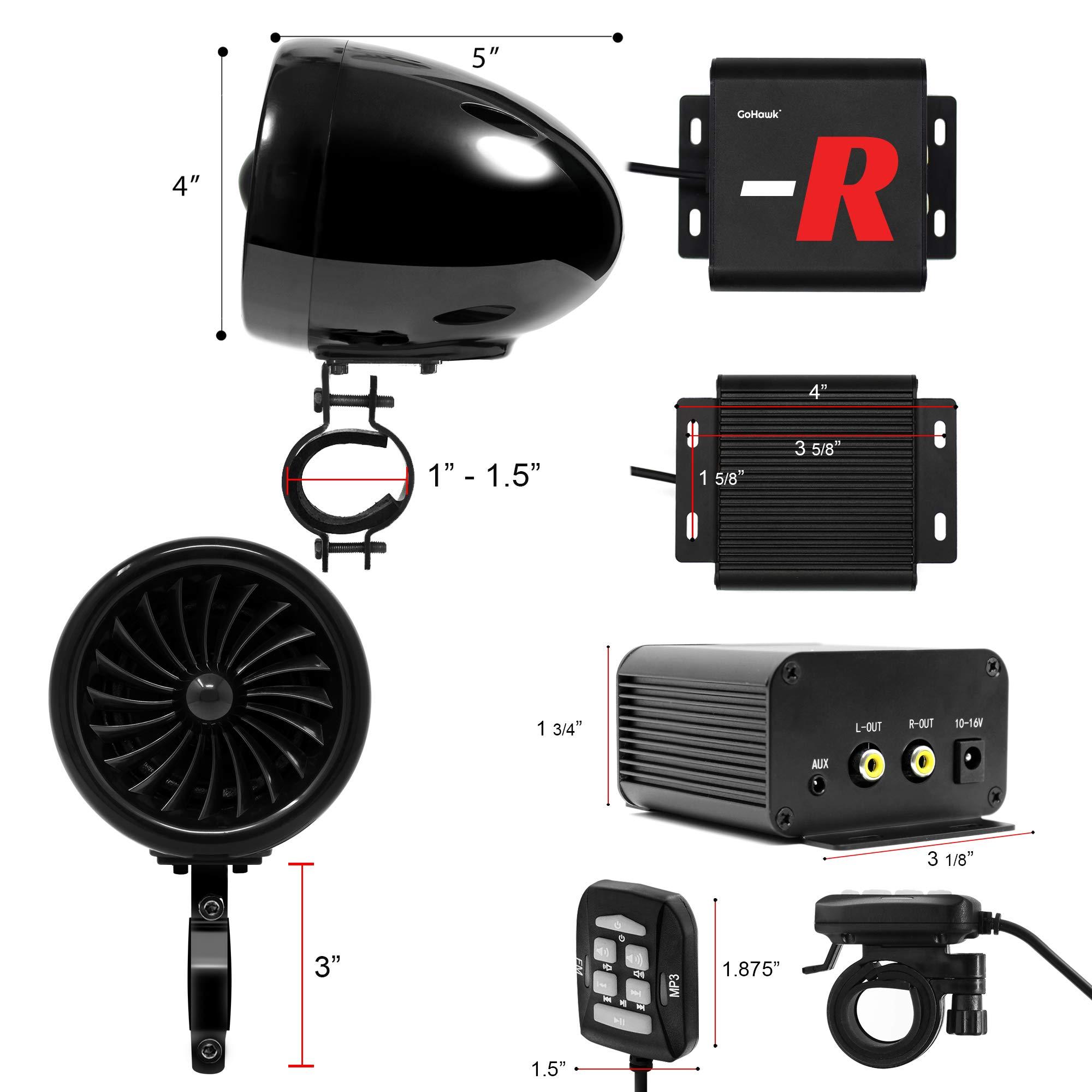 GoHawk GoHawk TJ4-R Amplifier System 4" Full Range Waterproof Bluetooth Motorcycle Stereo Speakers 1 to 1.5 in. Handlebar Mount Amp Harley Touring Cruiser ATV 4-Wheeler, AUX, FM Radio, Black