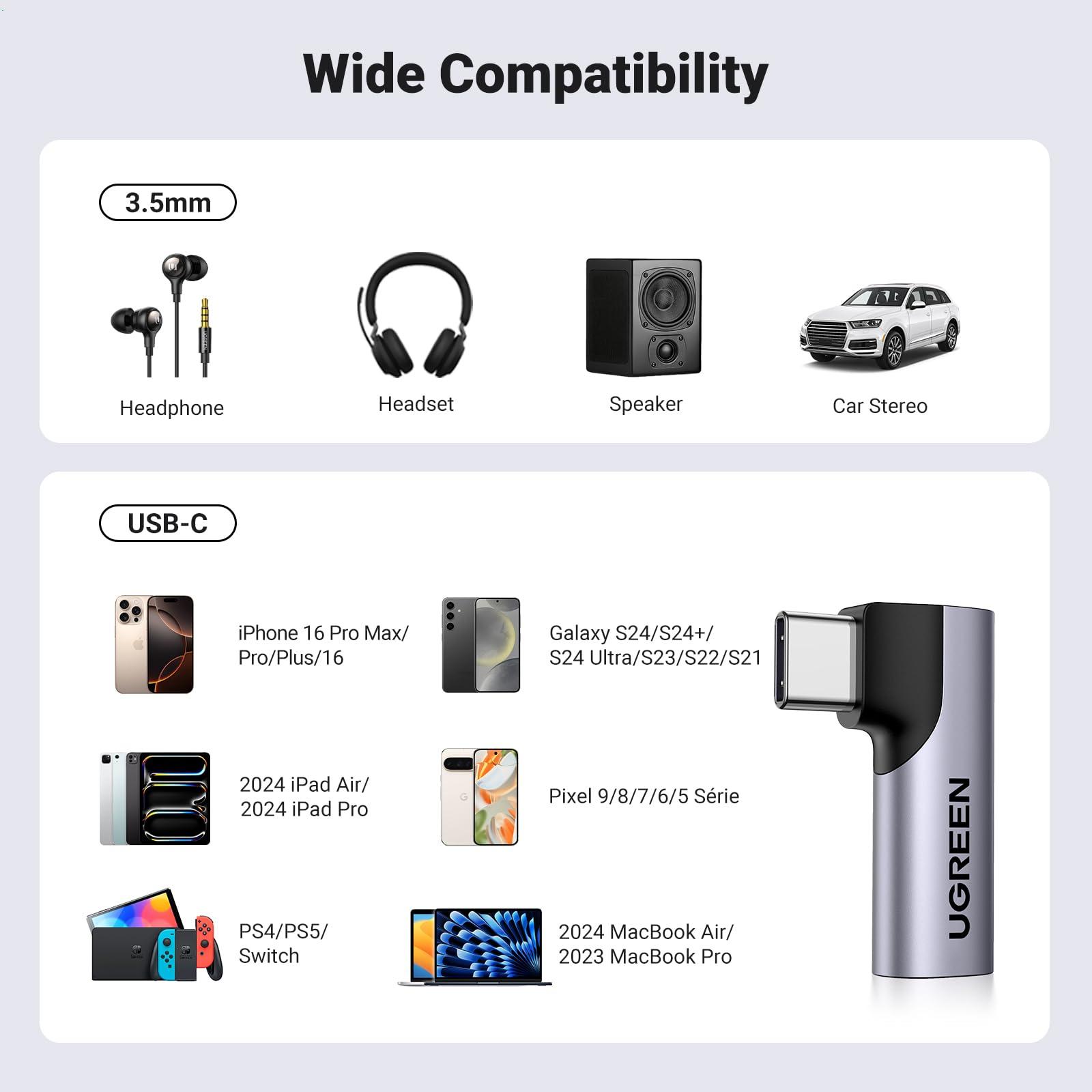 UGREEN UGREEN 2 Pack USB C to 3.5mm Audio Adapter Type C Aux Headphone Jack DAC Stereo Mic HiFi Right Angle Dongle Compatible with iPhone 16 15 Pro Max/15 Pro/15 Plus, iPad Pro Air, Galaxy S24 Ultra Pixel 9