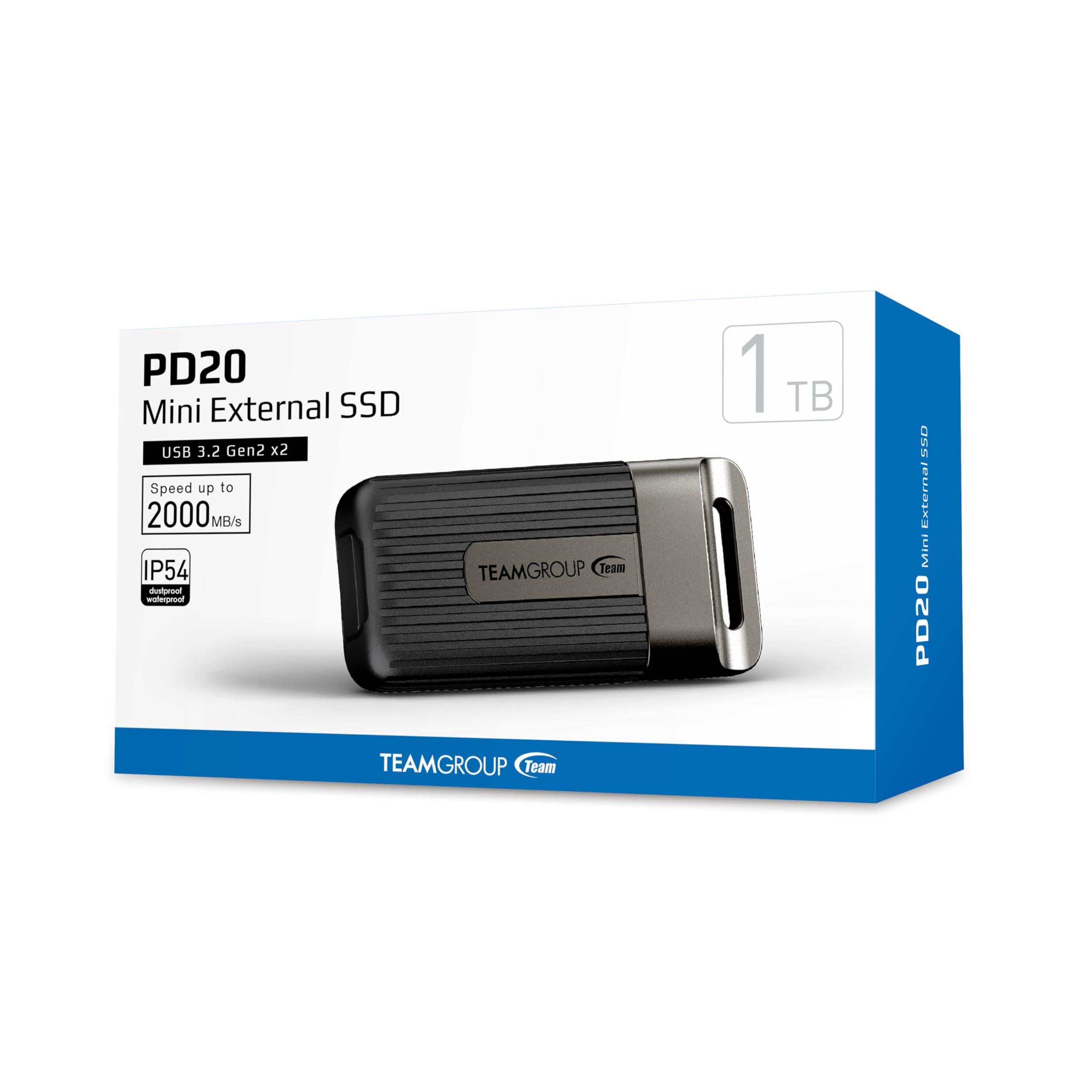 TEAMGROUP TEAMGROUP PD20 1TB Portable External Solid State Drive SSD Read up to 2000MB/s USB 3.2 Gen2x2 Type-C Waterproof Dustproof IP54 TPSEG5001T0C102