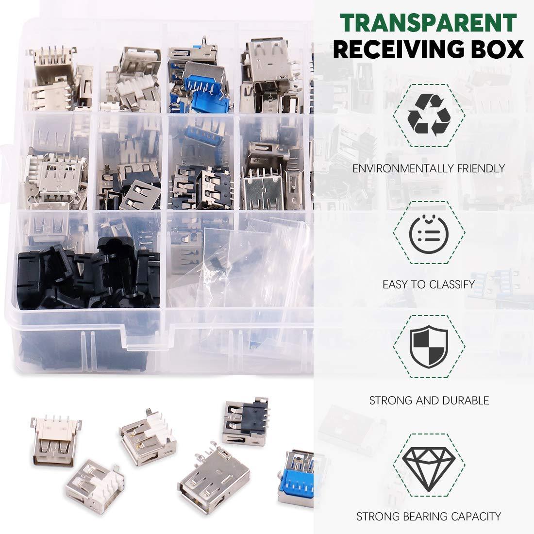 Keadic Keadic 180PCS Micro USB Female Socket Male Socket, USB 2.0, 3.0 Male Female Jack Socket Connector Set Includes Micro USB Type B 5 Pin T Port Male Connector, 9-Pin Male Port Connectors