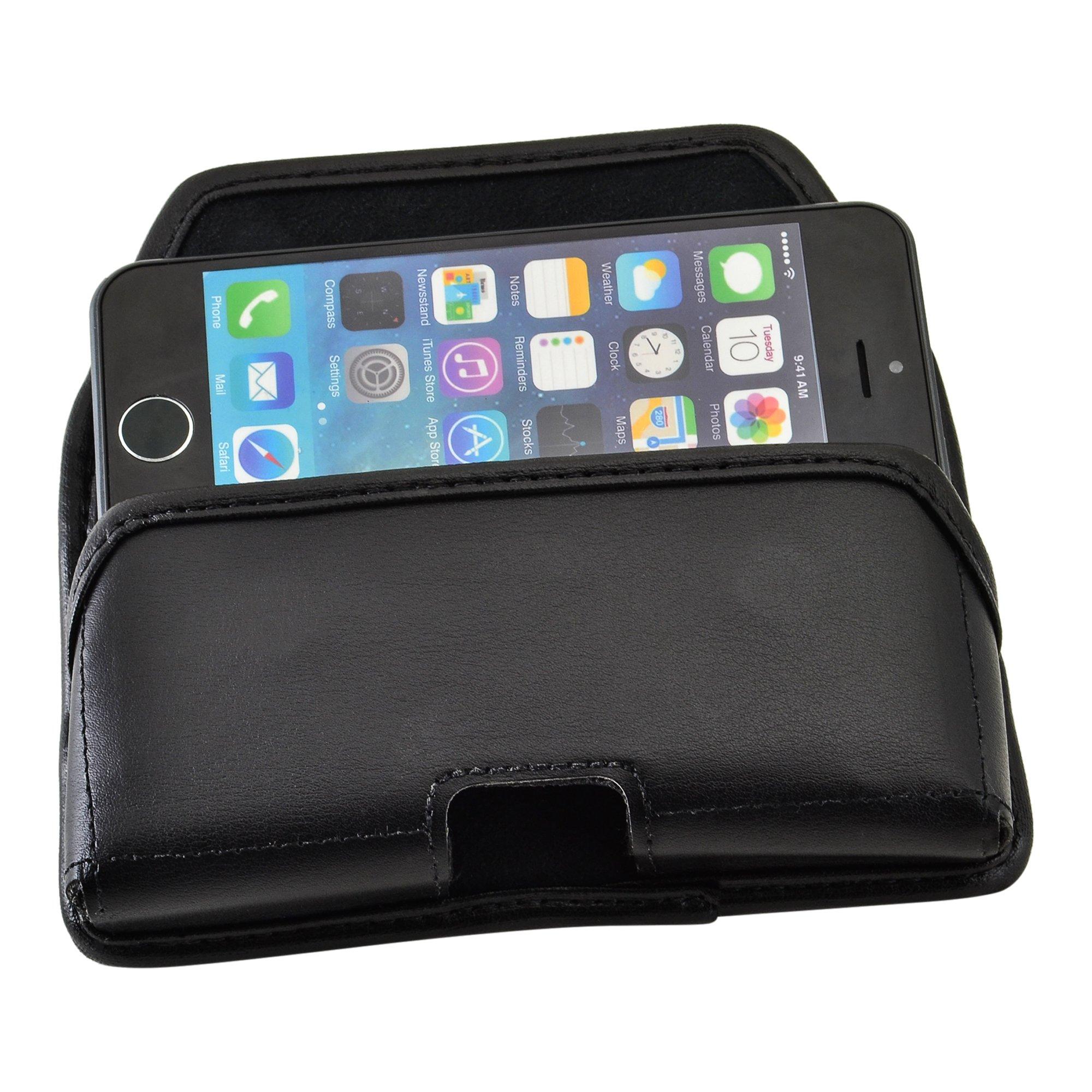 TurtleBack Turtleback Belt Case Made for Apple iPhone SE 5 5c 5s Black Holster Leather Pouch with Heavy Duty Rotating Ratcheting Belt Clip Horizontal