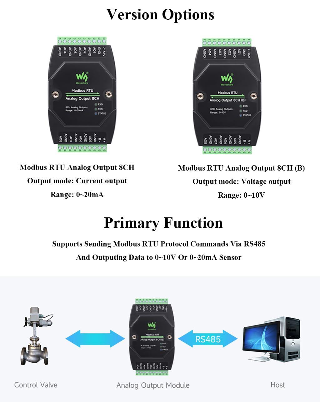UeeKKoo Industrial 8-Ch Analog Output Module 12-bit DA Conversion DC 7~36V Wide Voltage Power Supply, Sending Modbus RTU Protocol Commands via RS485, 8-CH Simultaneous Current Output (0~20mA)