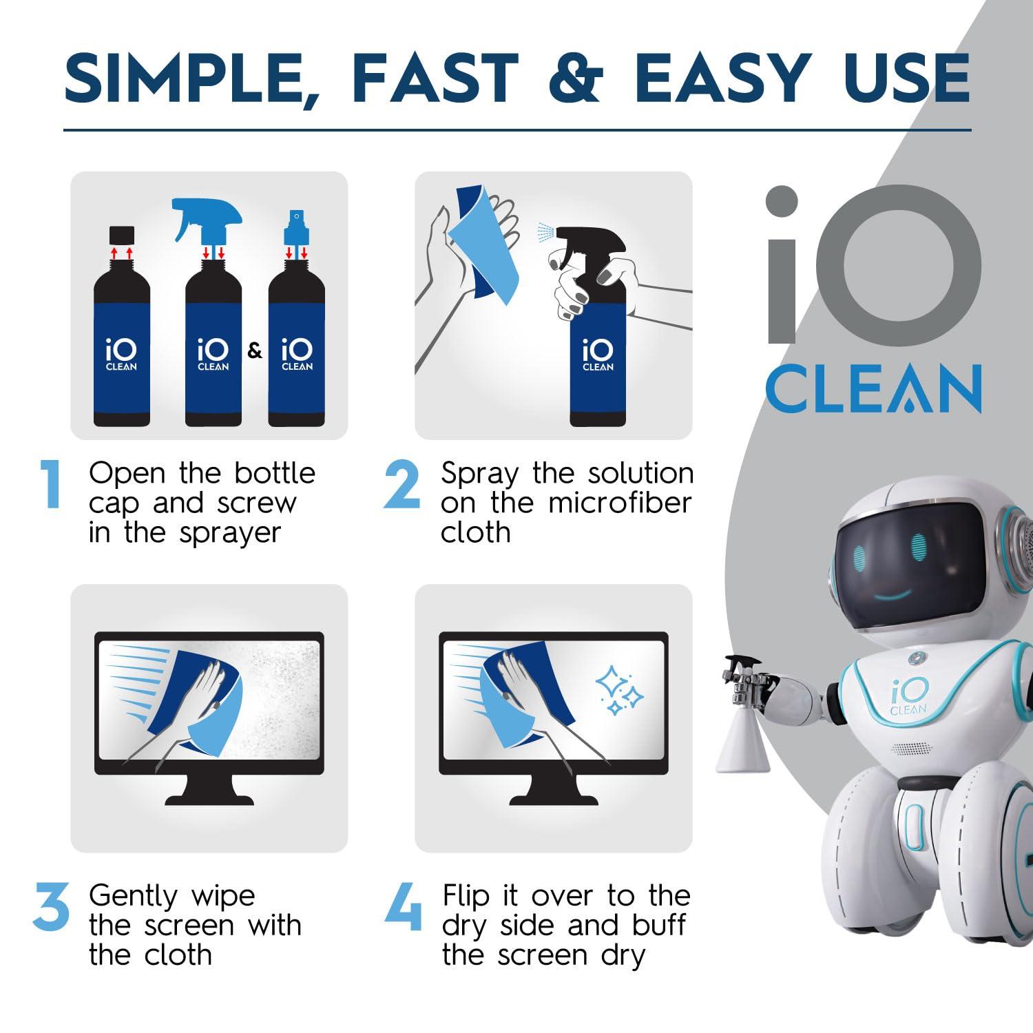 iO CLEAN Screen Cleaner Spray (16oz - 473ml) Best Large Cleaning Kit for LCD LED OLED TV, Smartphone, iPad, Laptop, Touchscreen, Computer Monitor, Electronic Devices, 3 Microfiber Cloths and 2 Nozzles