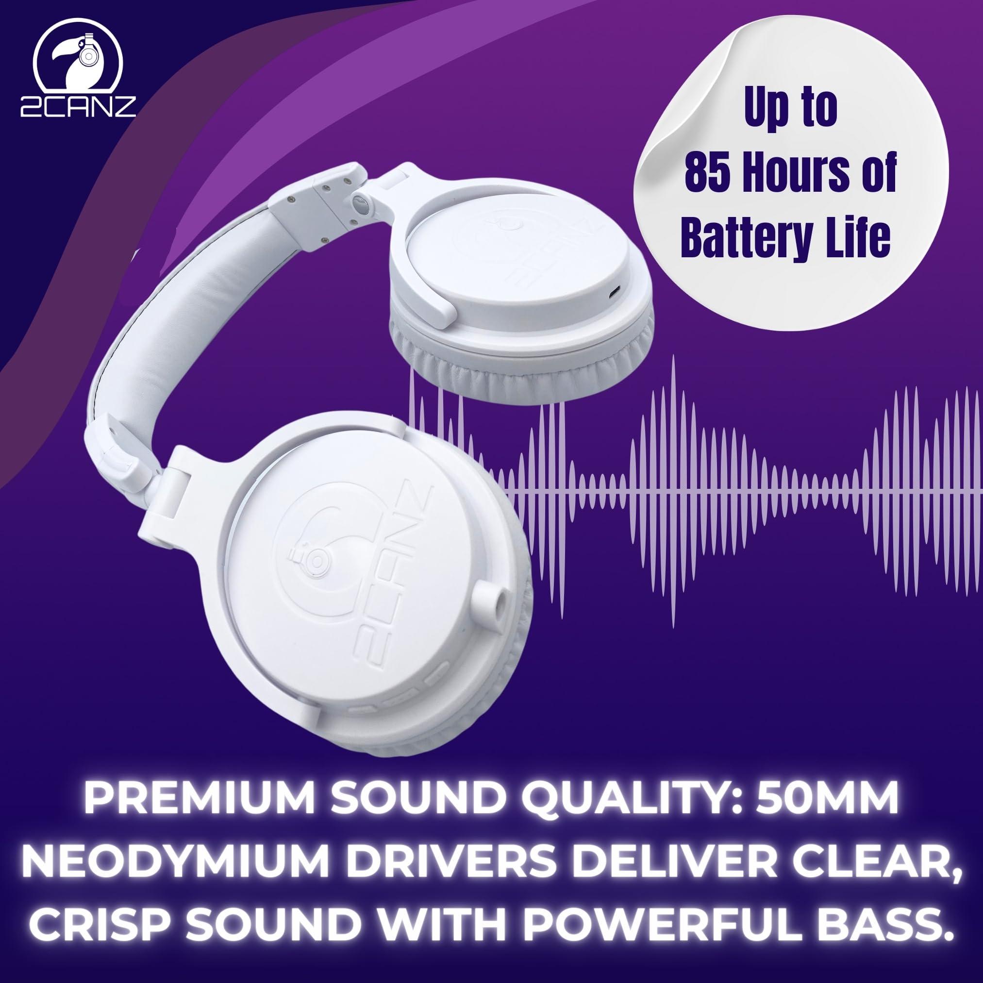2CANZ 2CANZ Pro Matte White Over-Ear Professional Wireless Headphones - Enhanced 50mm Neodymium Drivers, Closed Back, Plush Ear Cushions, 8-Way Adjustable Earpads, Foldable