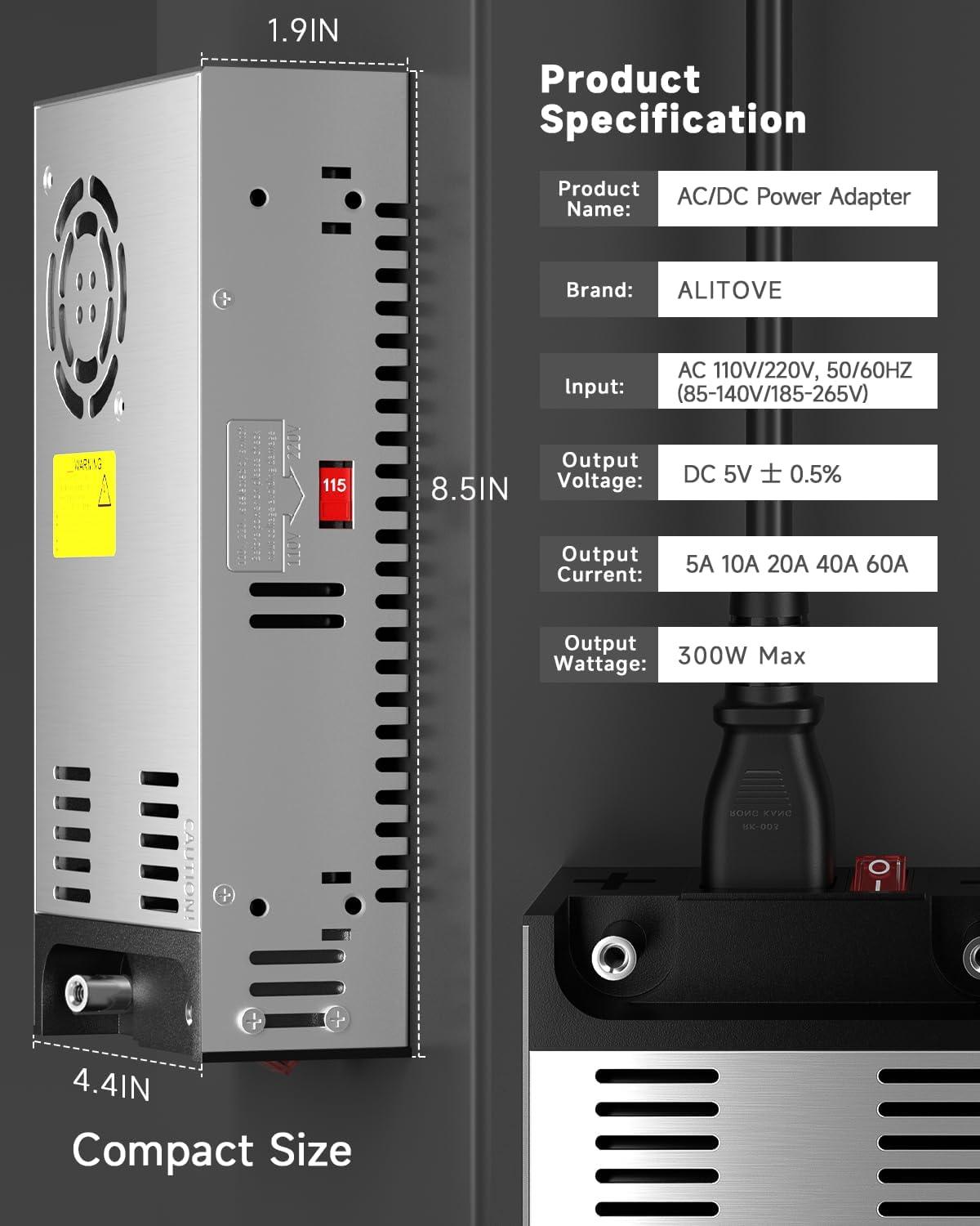 ALITOVE ALITOVE 5V 60A 300W Power Supply Transformer Adapter Converter with New Version 5V 60A Switching Power Supply for WS2812B WS2811 LED Strip Pixel Light CCTV